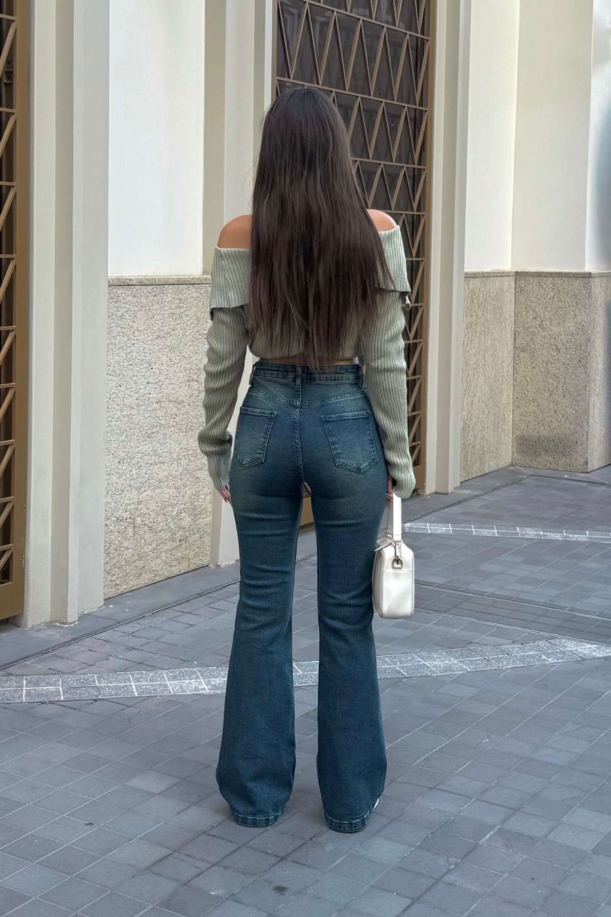 Kadın Yüksek Bel Likralı/Esnek İspanyol Paça Pantolon Mavi 6