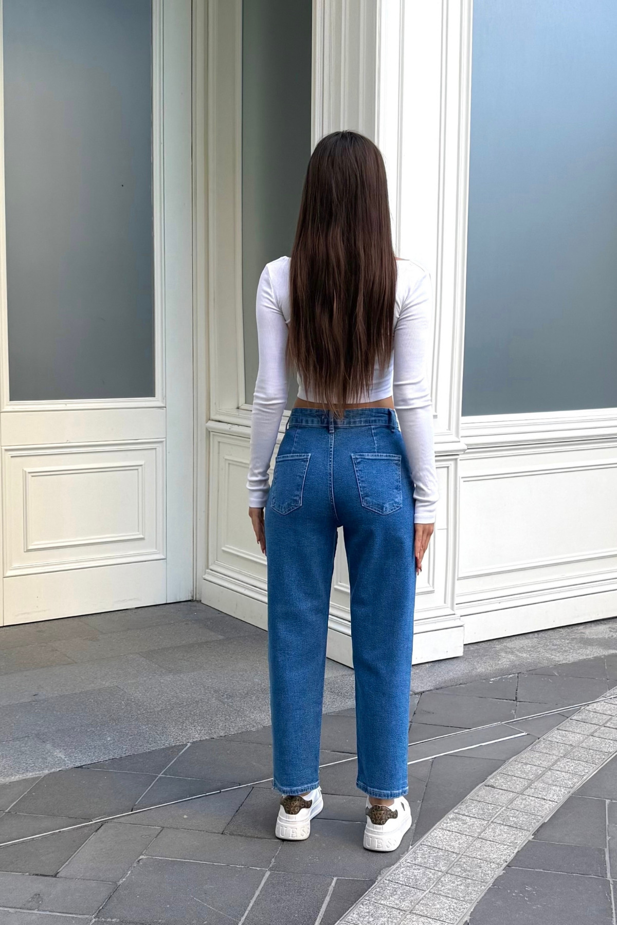 Kadın Yüksek Bel Likralı Pileli Esnek Mom Pantolon Mavi 4