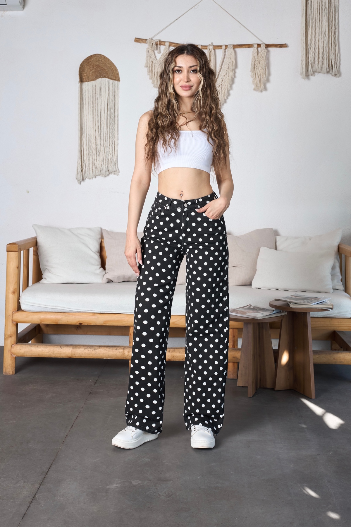 Puantiye Desenli Wide Leg Denim Pantolon Siyah 5