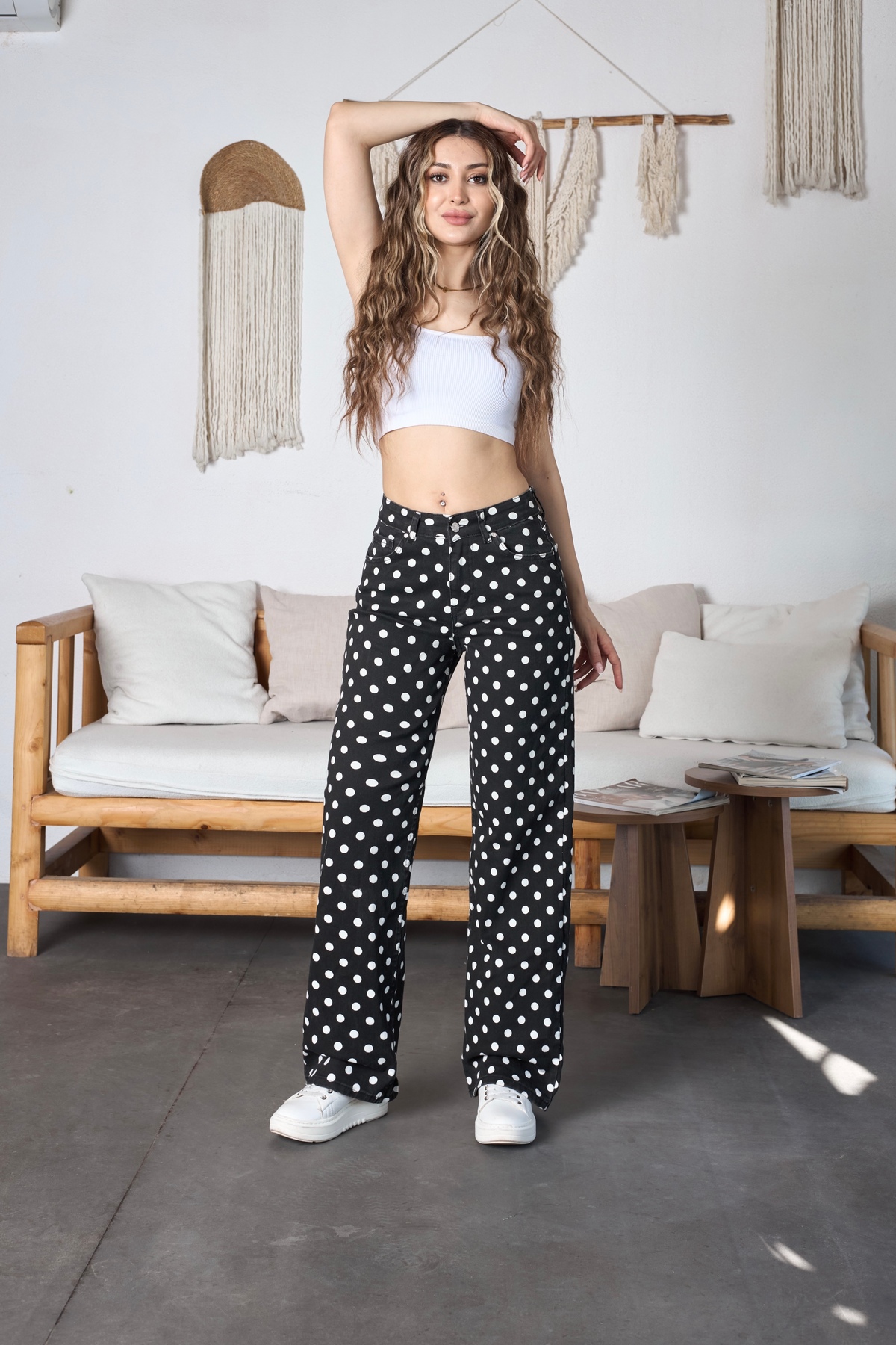 Puantiye Desenli Wide Leg Denim Pantolon Siyah 6