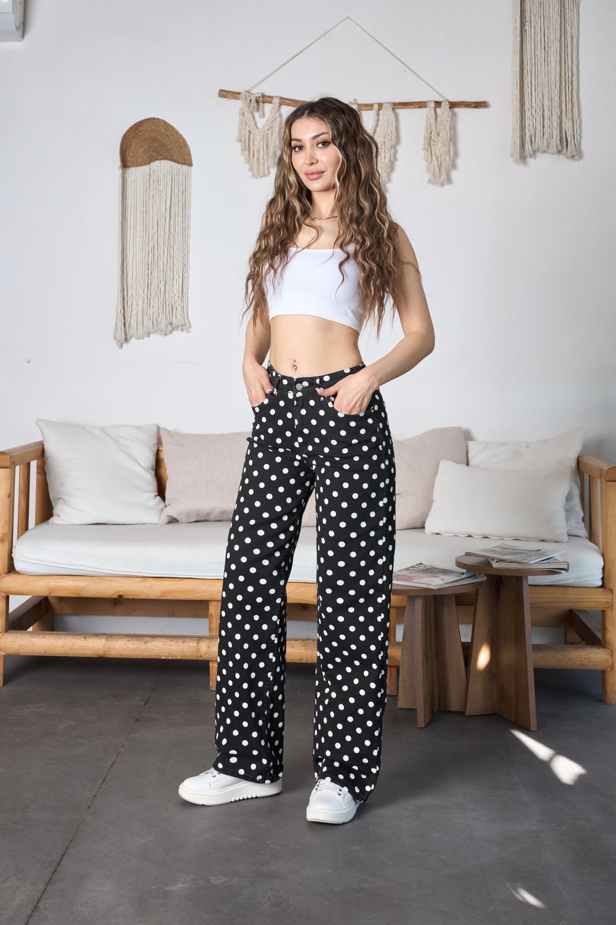 Puantiye Desenli Wide Leg Denim Pantolon Siyah 8