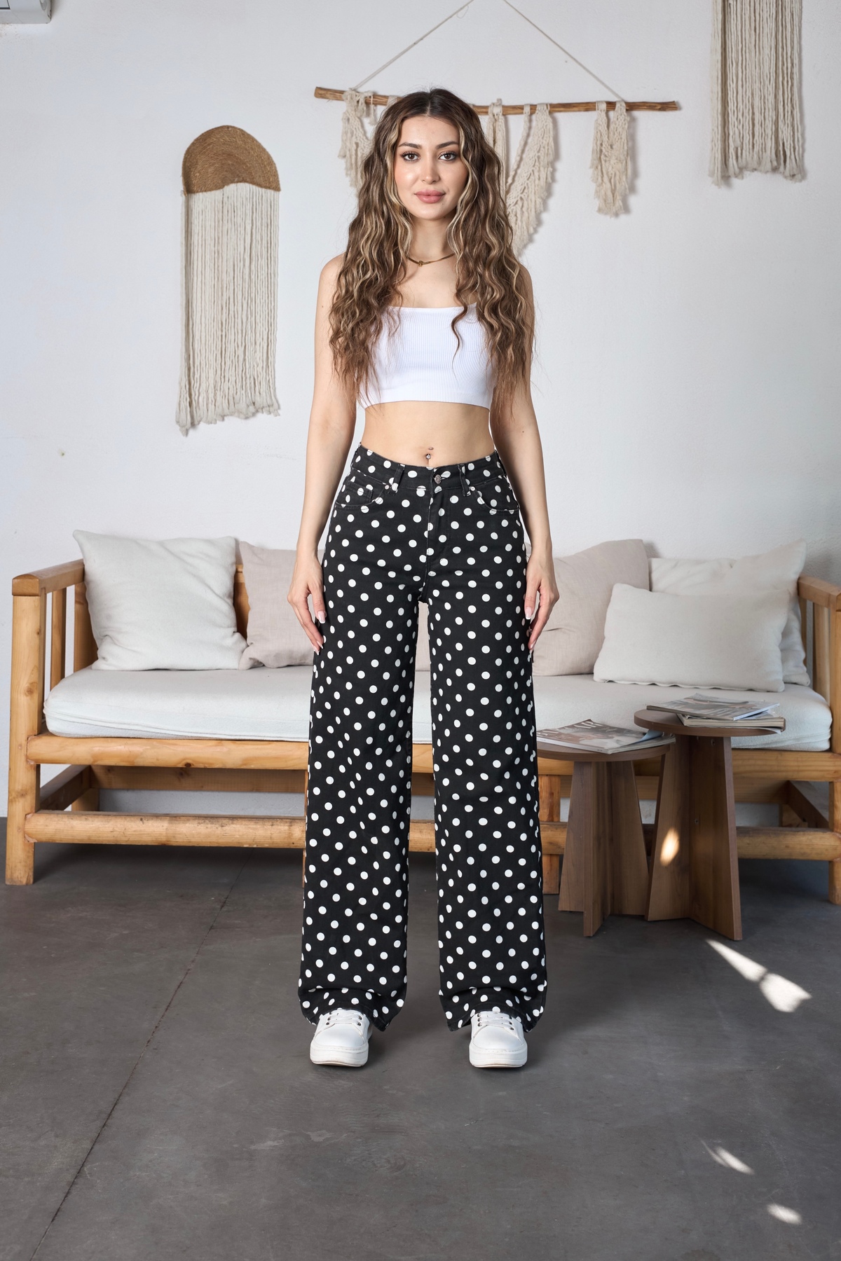 Puantiye Desenli Wide Leg Denim Pantolon Siyah 4