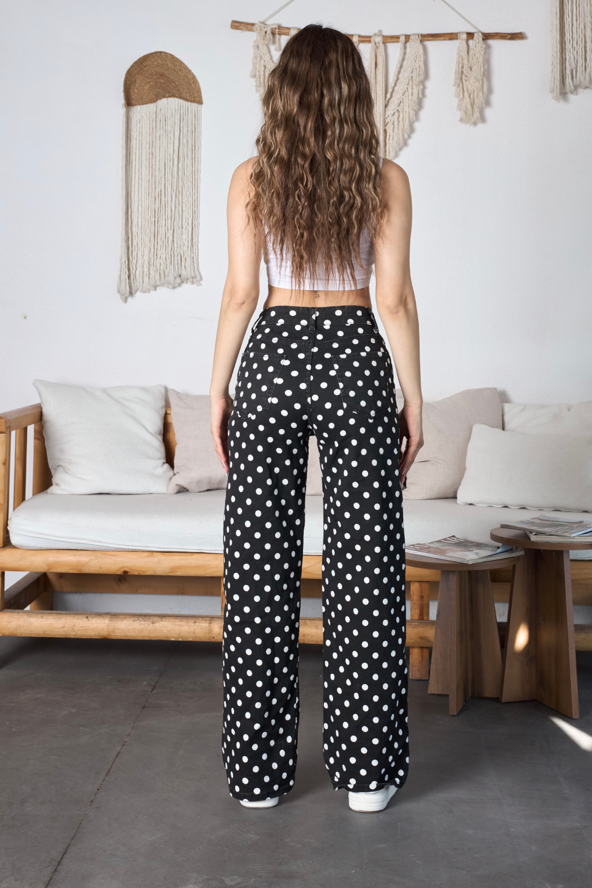 Puantiye Desenli Wide Leg Denim Pantolon Siyah 3