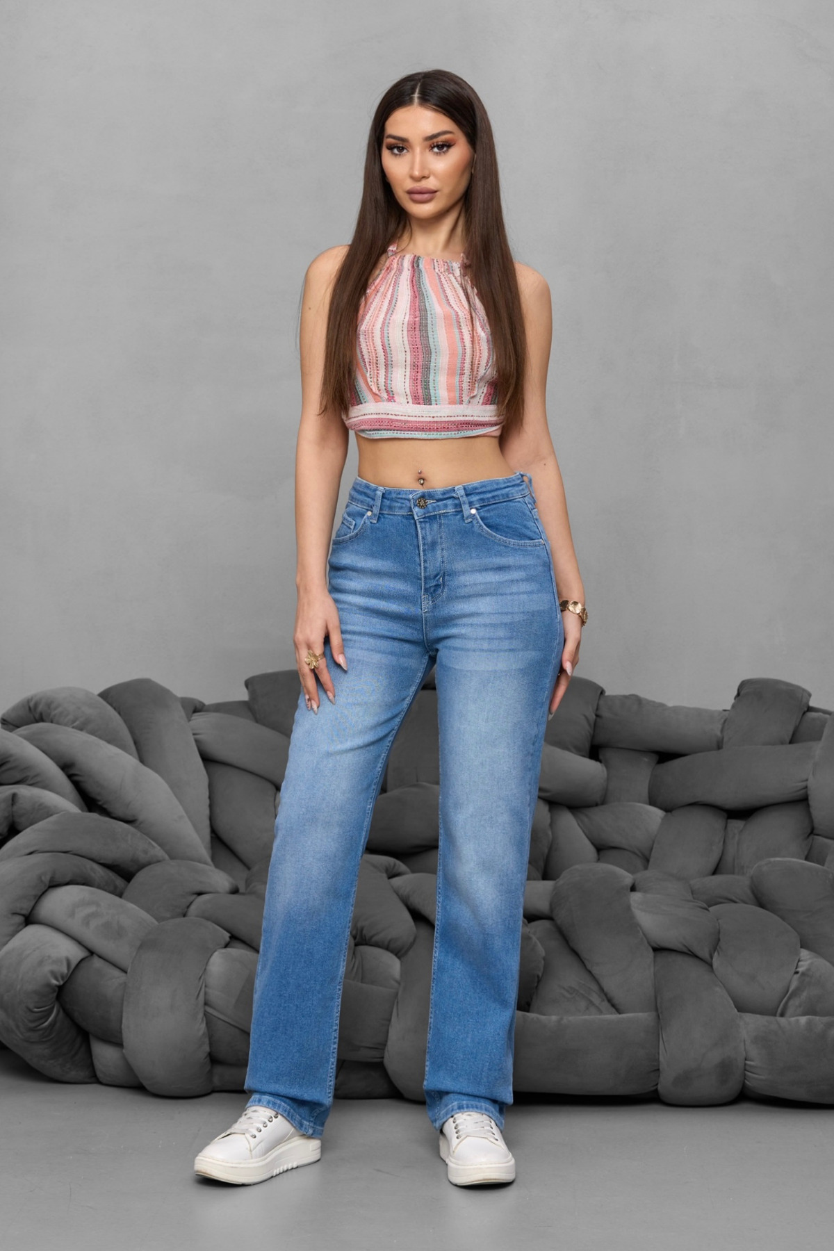 Kadın Yüksek Bel Boru Paça Straight Fit Jean MAVİ 5