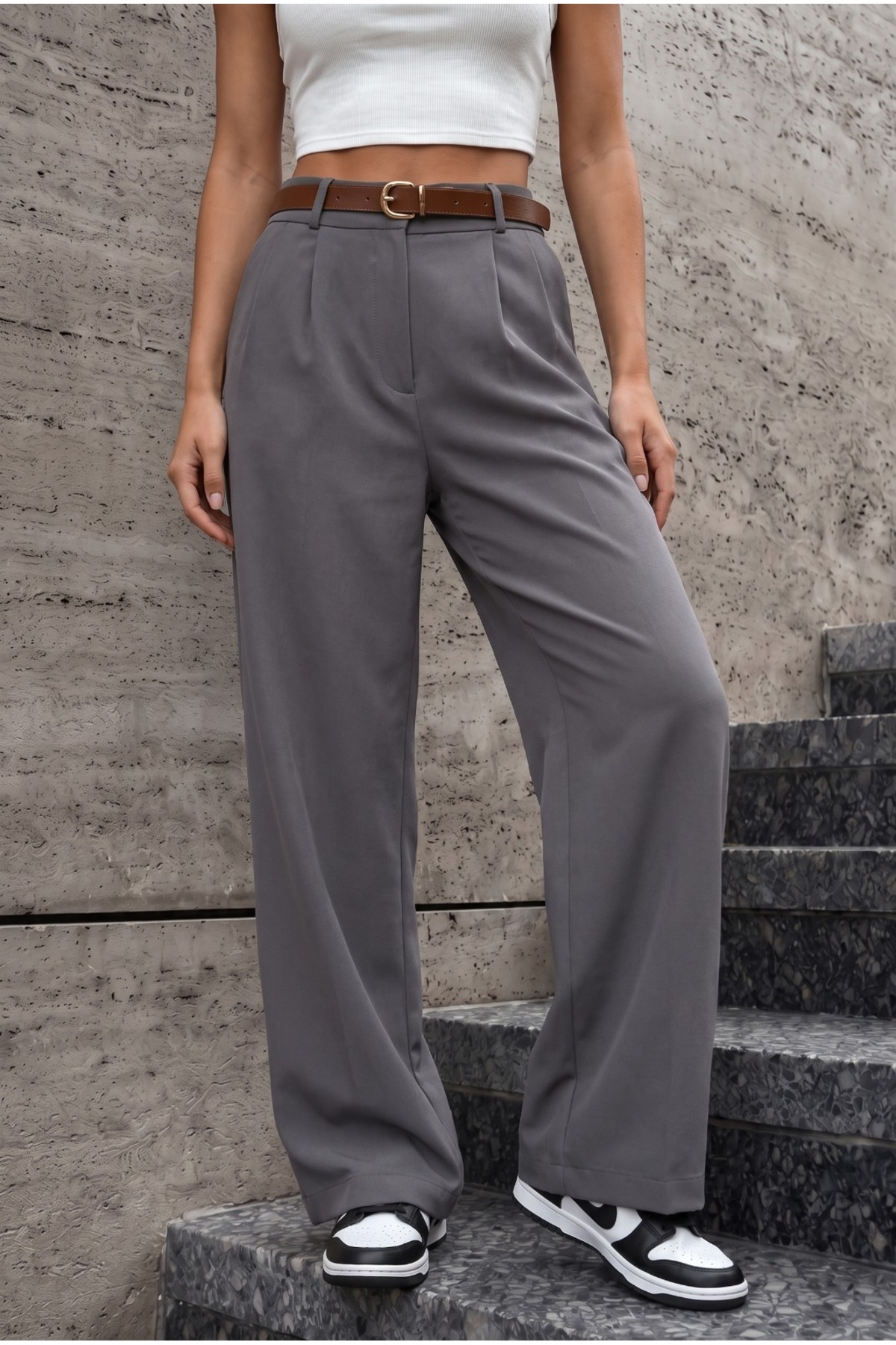 Kadın Kemerli Oversize Salaş Beli Lastikli Palazzo Pantolon GRİ 6