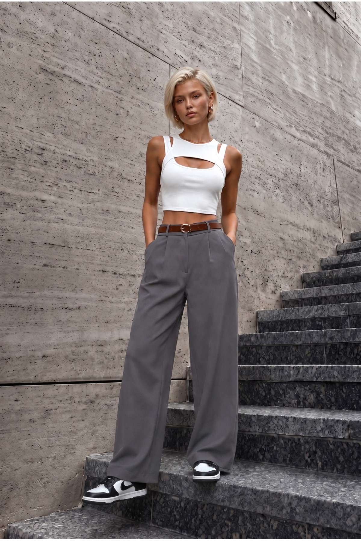 Kadın Kemerli Oversize Salaş Beli Lastikli Palazzo Pantolon GRİ 5