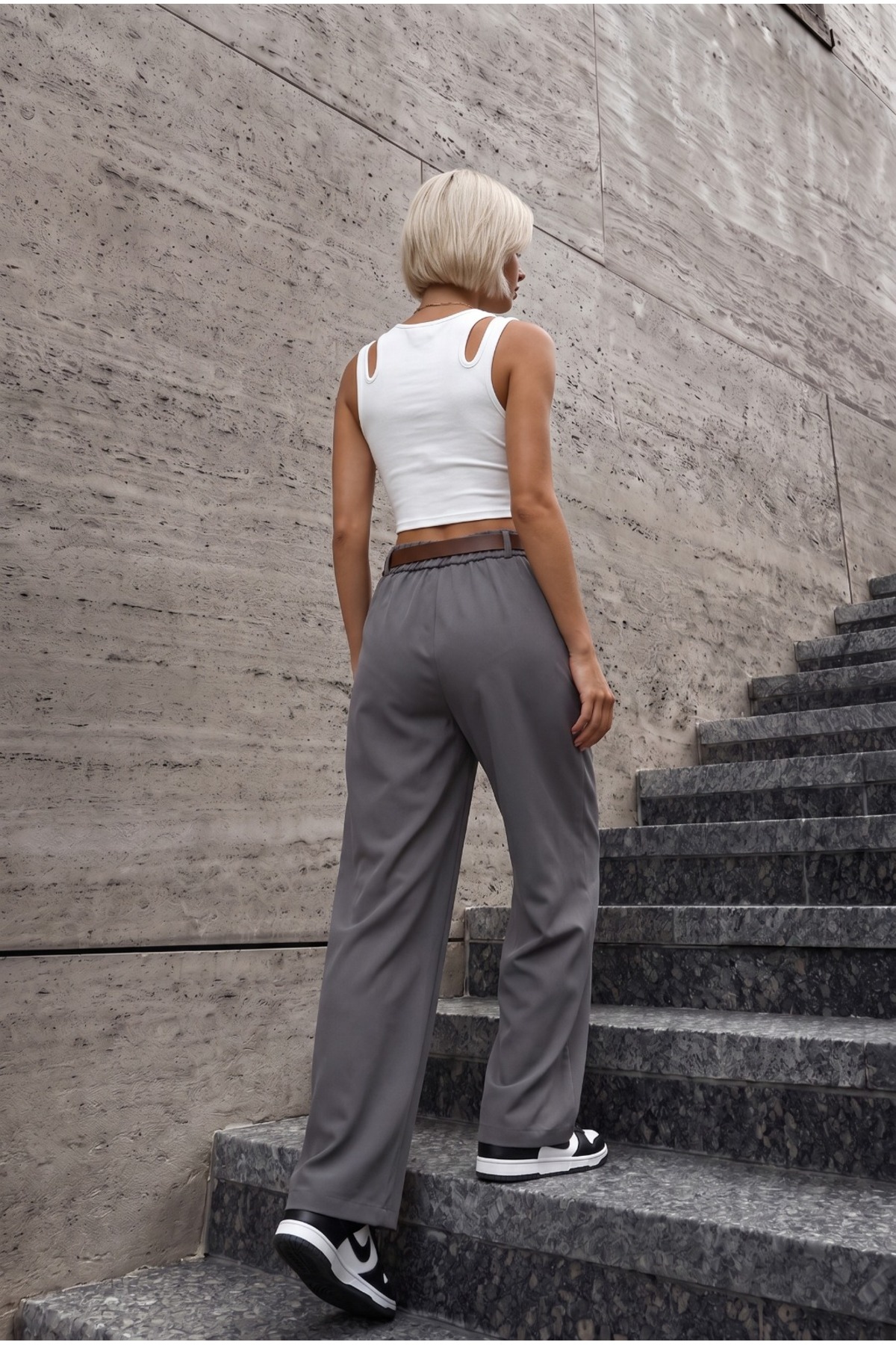 Kadın Kemerli Oversize Salaş Beli Lastikli Palazzo Pantolon GRİ 7