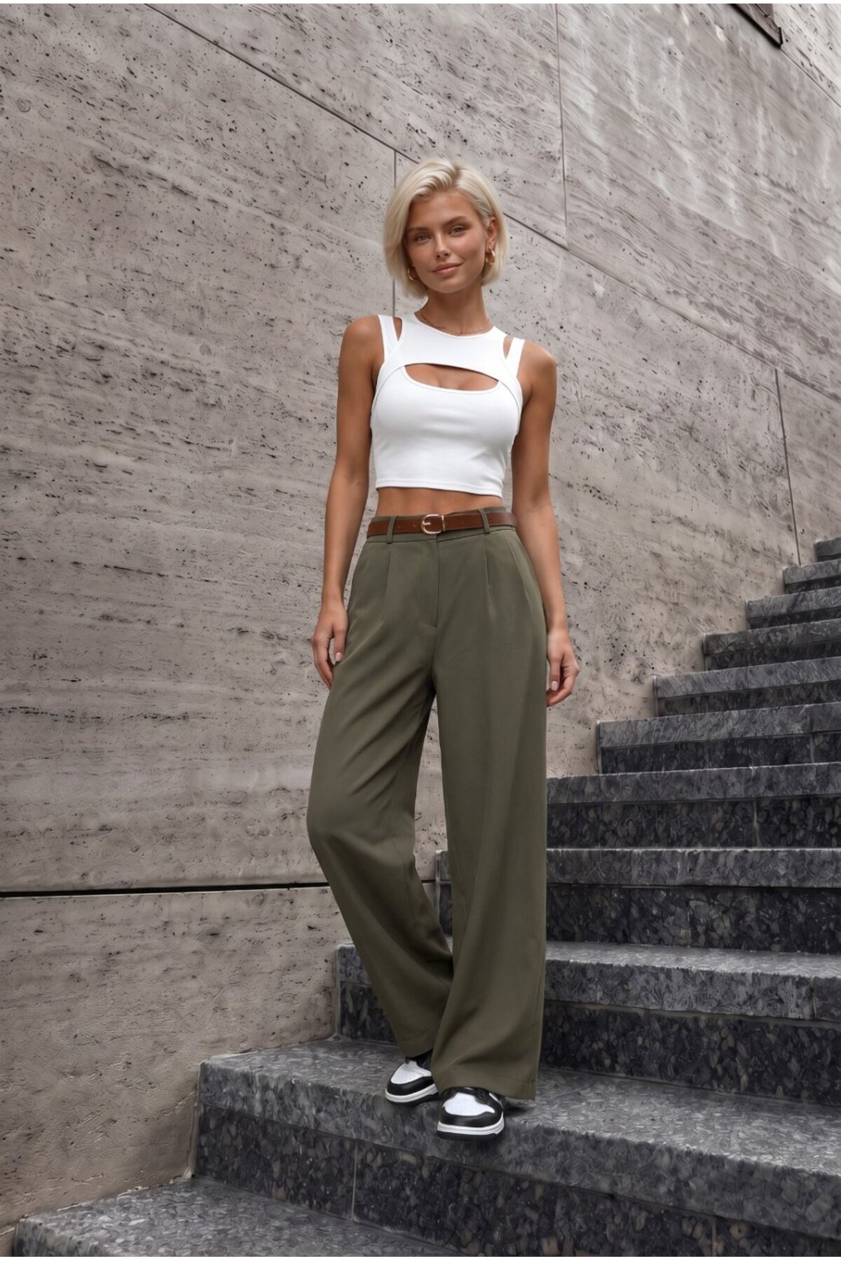 Kadın Kemerli Oversize Salaş Beli Lastikli Palazzo Pantolon HAKİ 4