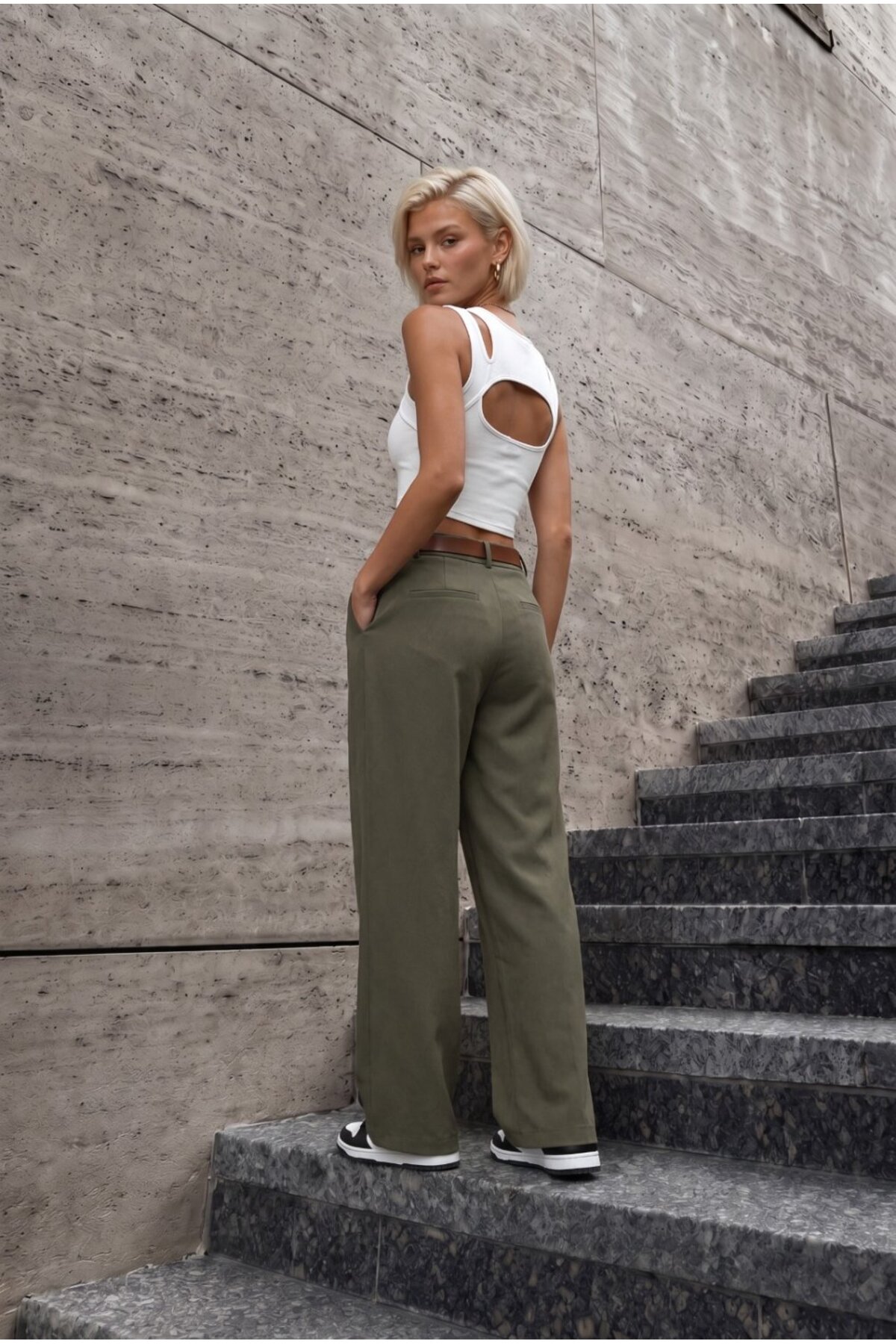 Kadın Kemerli Oversize Salaş Beli Lastikli Palazzo Pantolon HAKİ 6