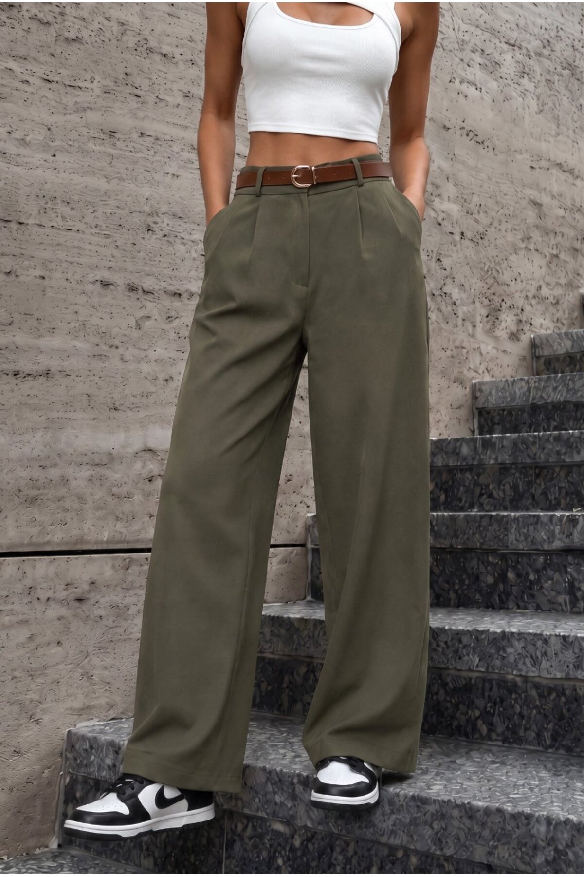 Kadın Kemerli Oversize Salaş Beli Lastikli Palazzo Pantolon HAKİ 5