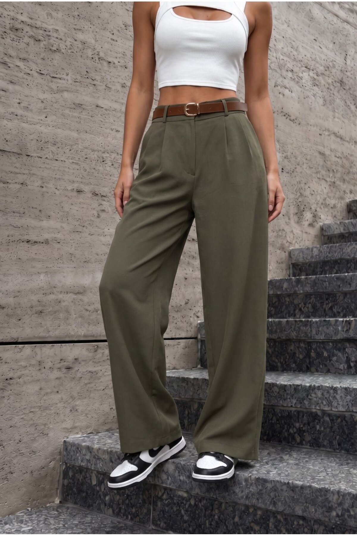 Kadın Kemerli Oversize Salaş Beli Lastikli Palazzo Pantolon HAKİ 3