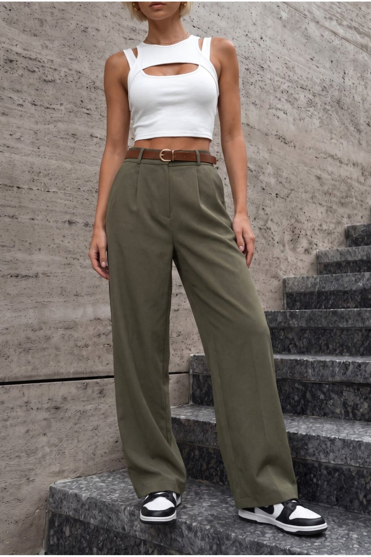 Kadın Kemerli Oversize Salaş Beli Lastikli Palazzo Pantolon HAKİ 7