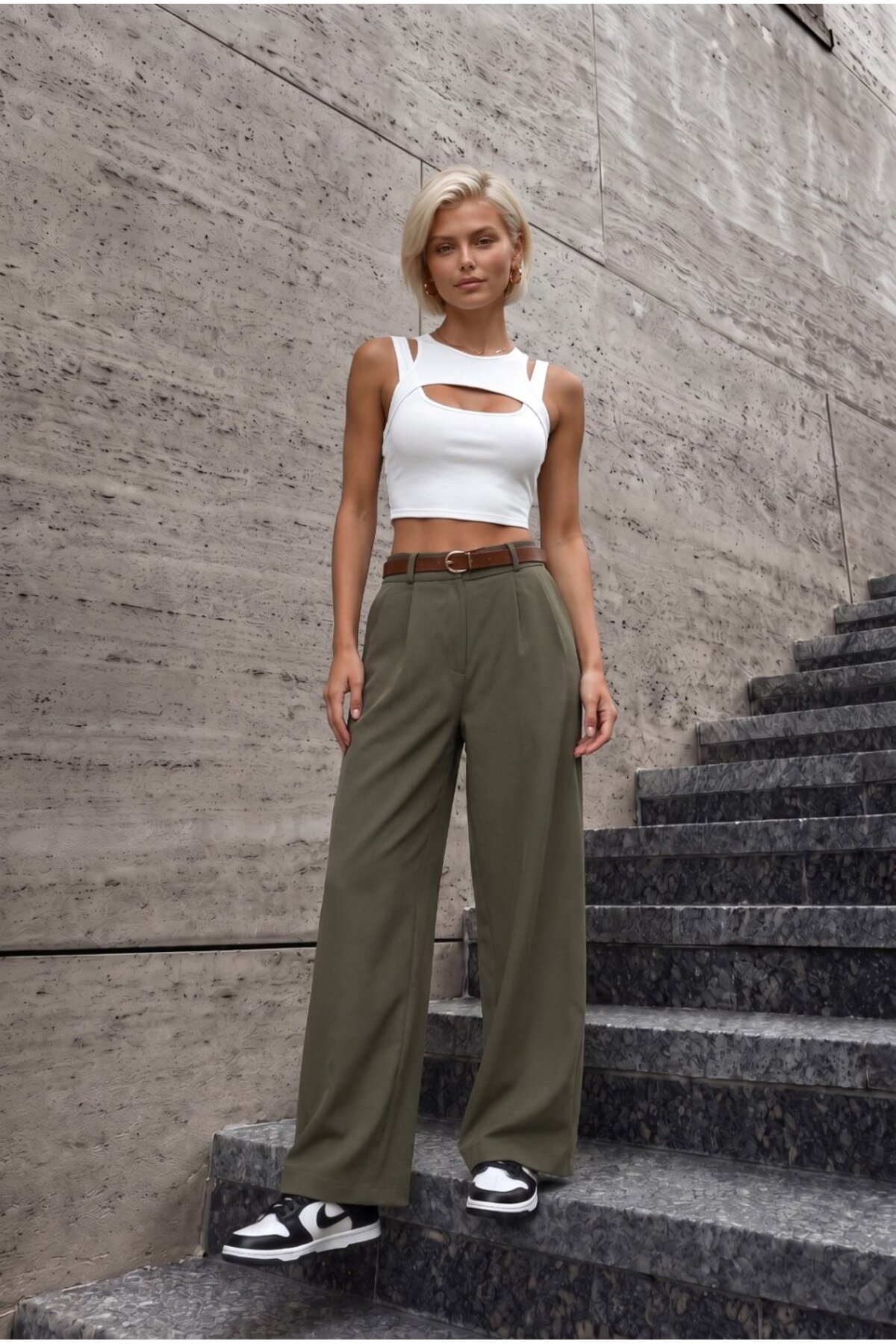 Kadın Kemerli Oversize Salaş Beli Lastikli Palazzo Pantolon HAKİ 8