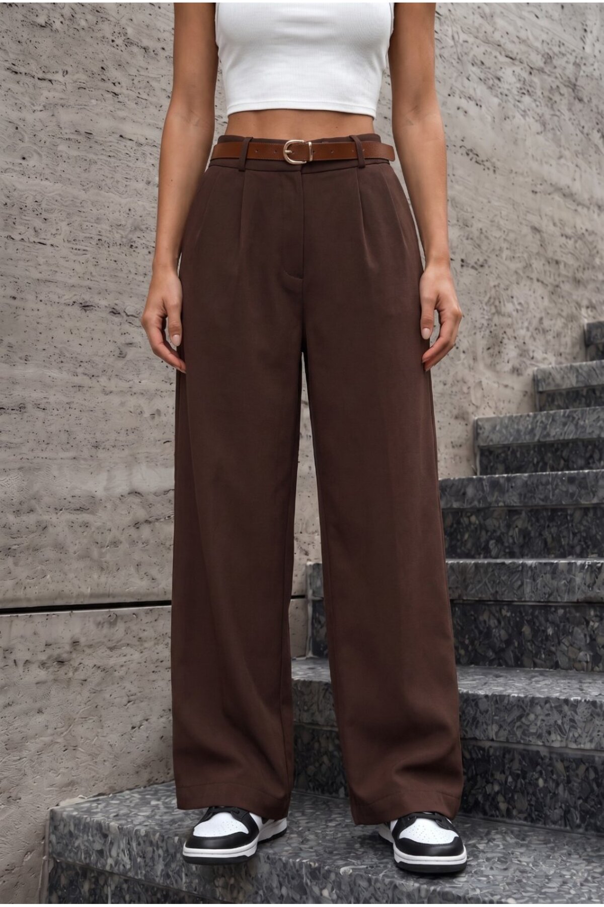 Kadın Kemerli Oversize Salaş Beli Lastikli Palazzo Pantolon Kahverengi 6