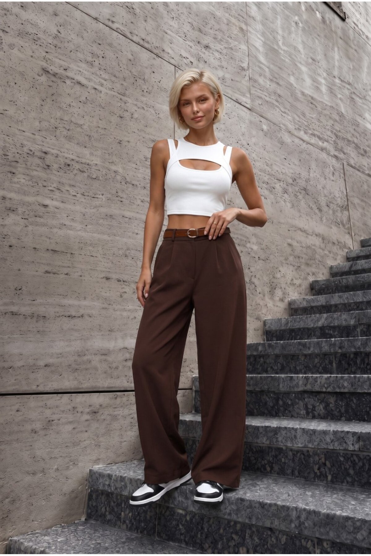 Kadın Kemerli Oversize Salaş Beli Lastikli Palazzo Pantolon Kahverengi 5