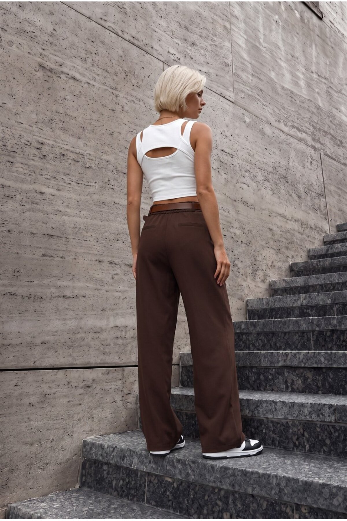 Kadın Kemerli Oversize Salaş Beli Lastikli Palazzo Pantolon Kahverengi 8