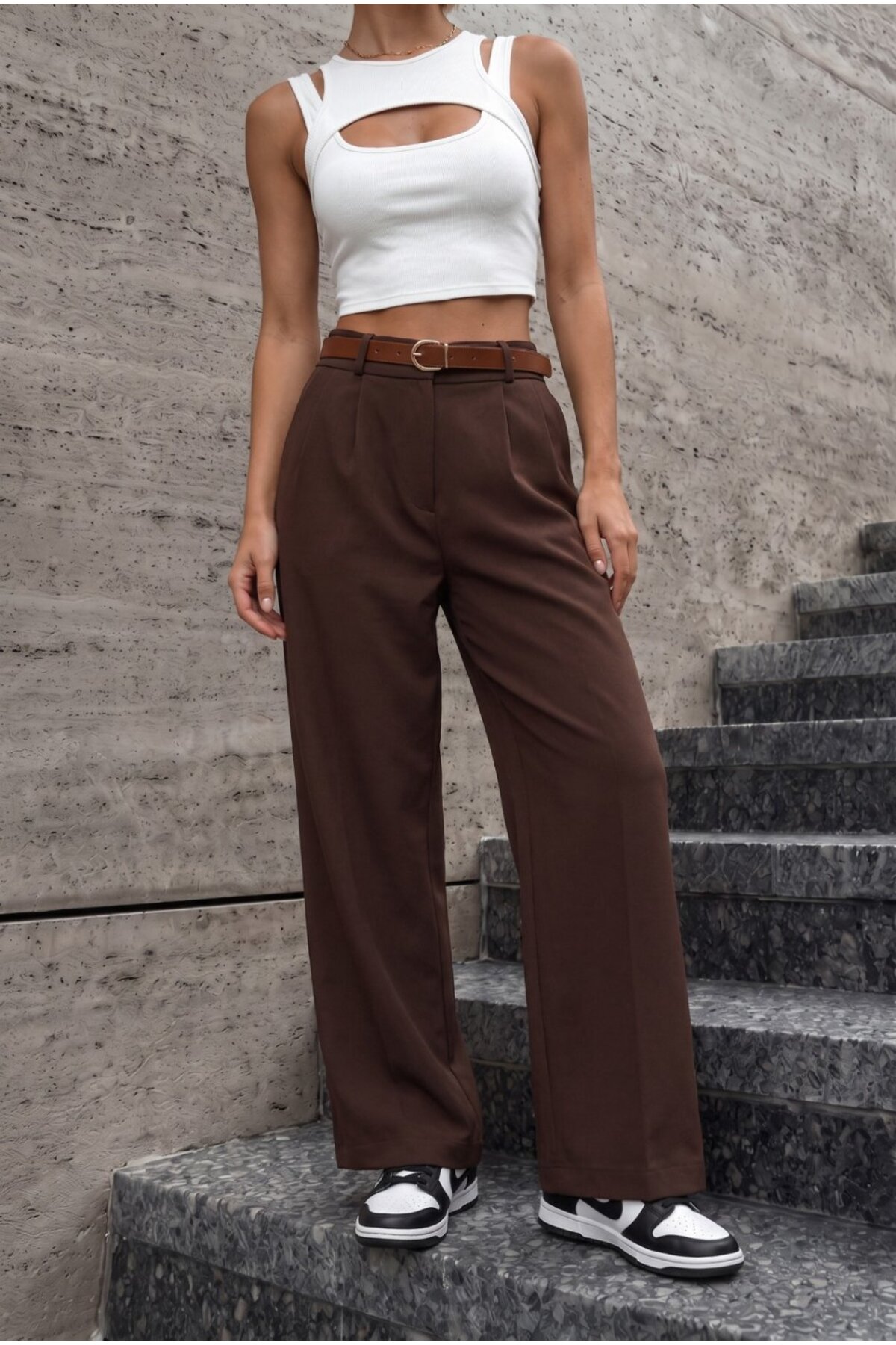 Kadın Kemerli Oversize Salaş Beli Lastikli Palazzo Pantolon Kahverengi 7