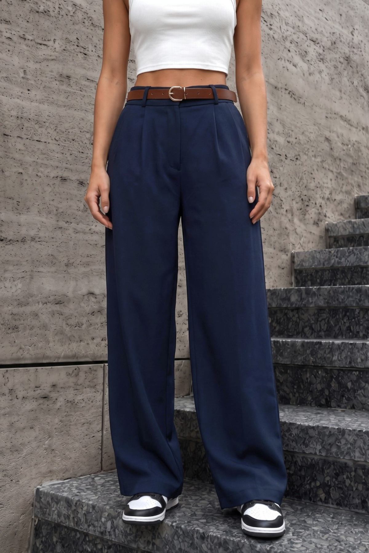 Kadın Kemerli Oversize Salaş Beli Lastikli Palazzo Pantolon LACİVERT 3