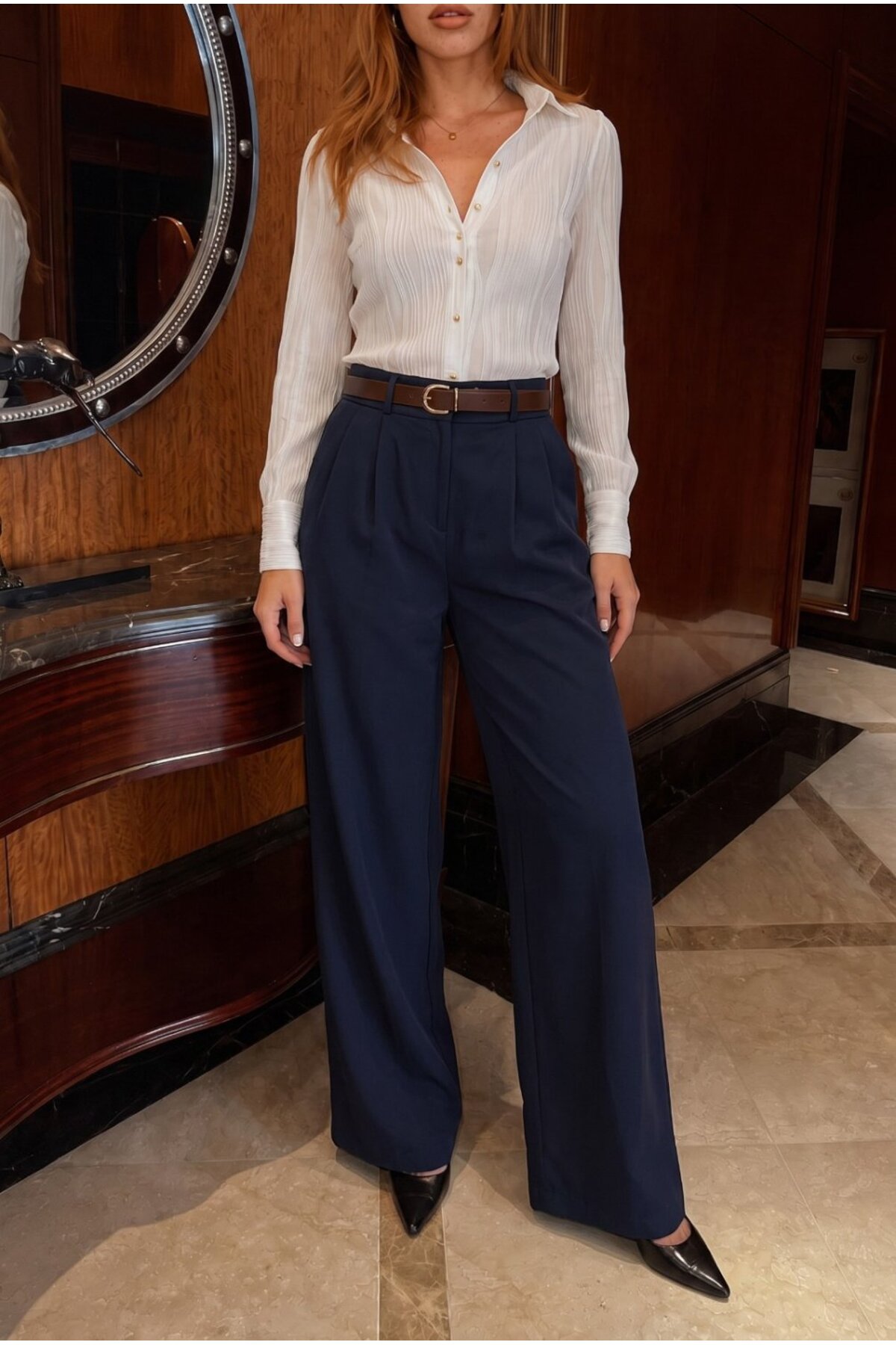 Kemerli Oversize Geniş Paça Palazzo Kumaş Pantolon LACİVERT 6