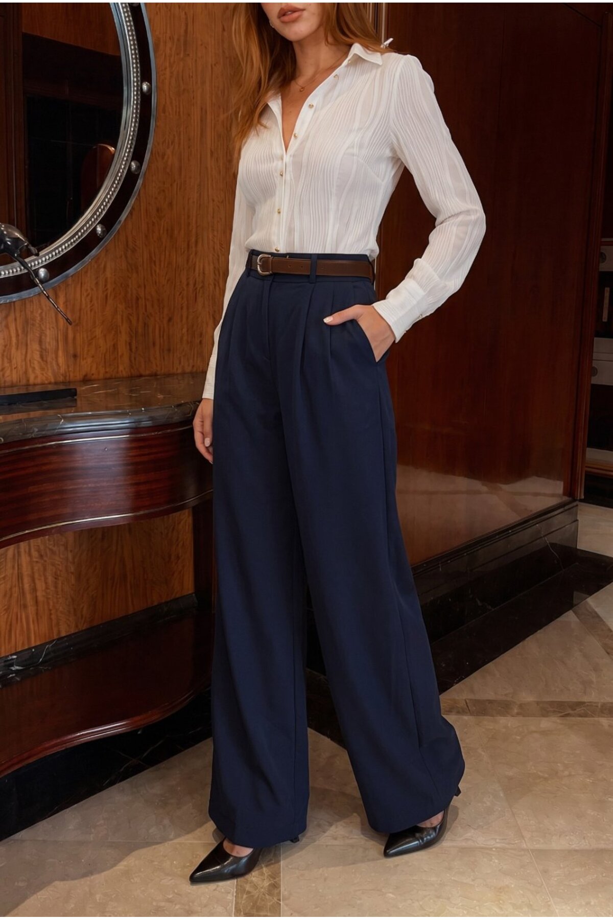 Kemerli Oversize Geniş Paça Palazzo Kumaş Pantolon LACİVERT 4