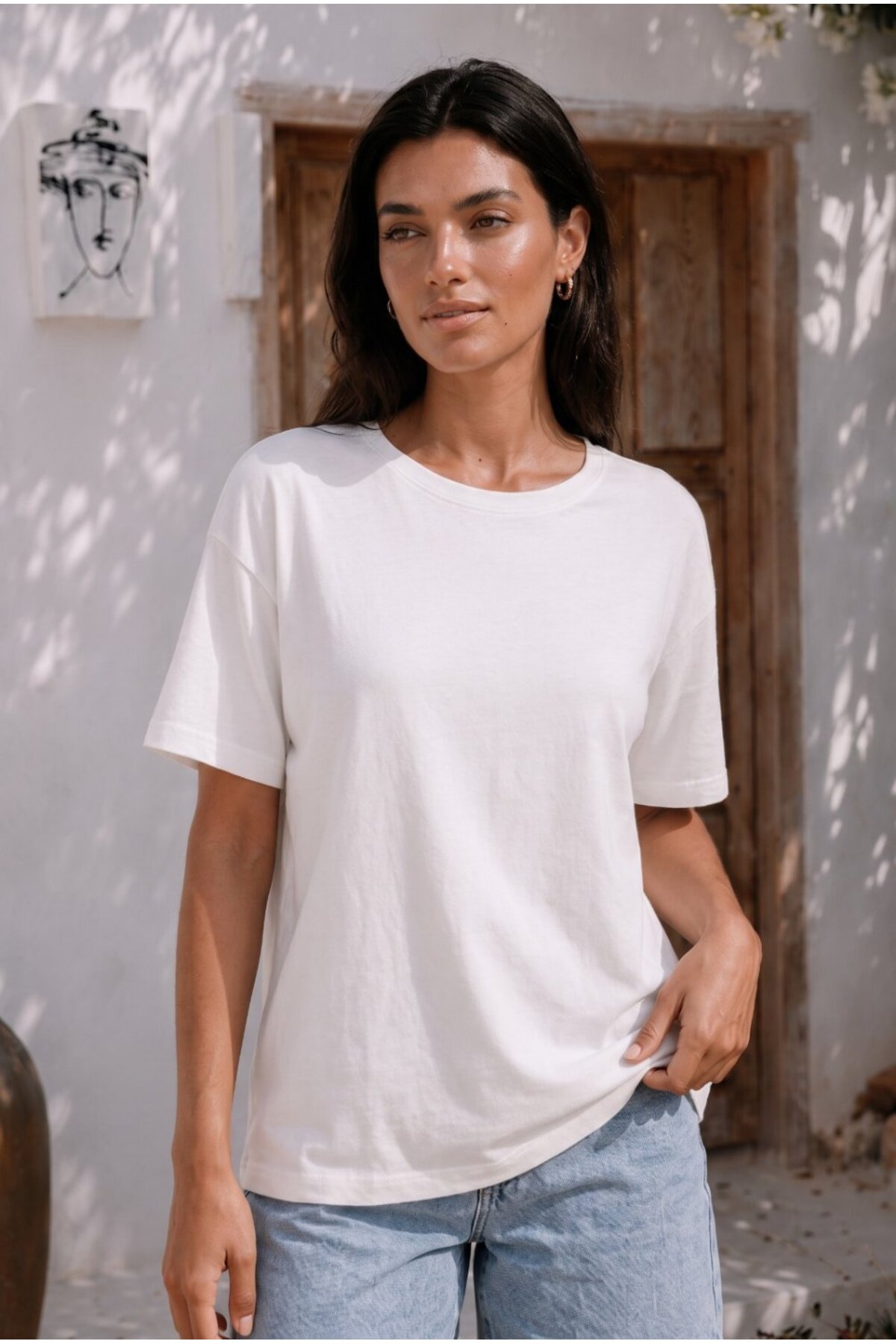 Kadın Yuvarlak Yaka Relaxed Fit Kısa Kol Basic T-Shirt Beyaz 3