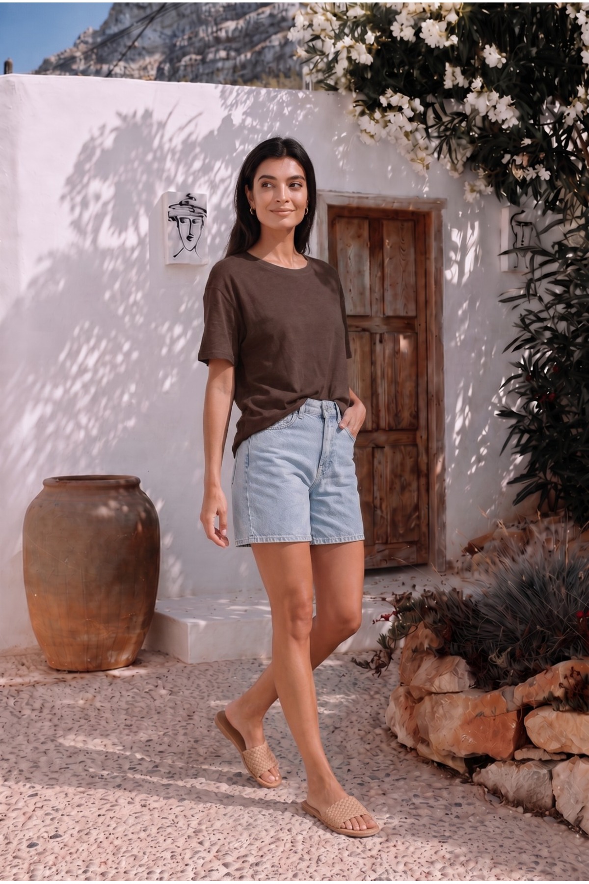 Kadın Yuvarlak Yaka Relaxed Fit Kısa Kol Basic T-Shirt kahverengi 3