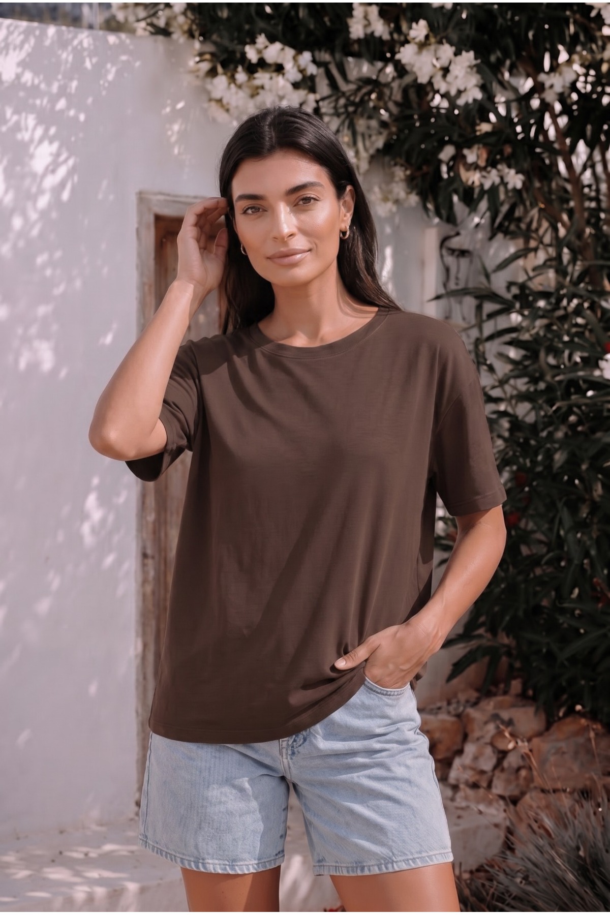 Kadın Yuvarlak Yaka Relaxed Fit Kısa Kol Basic T-Shirt kahverengi 4