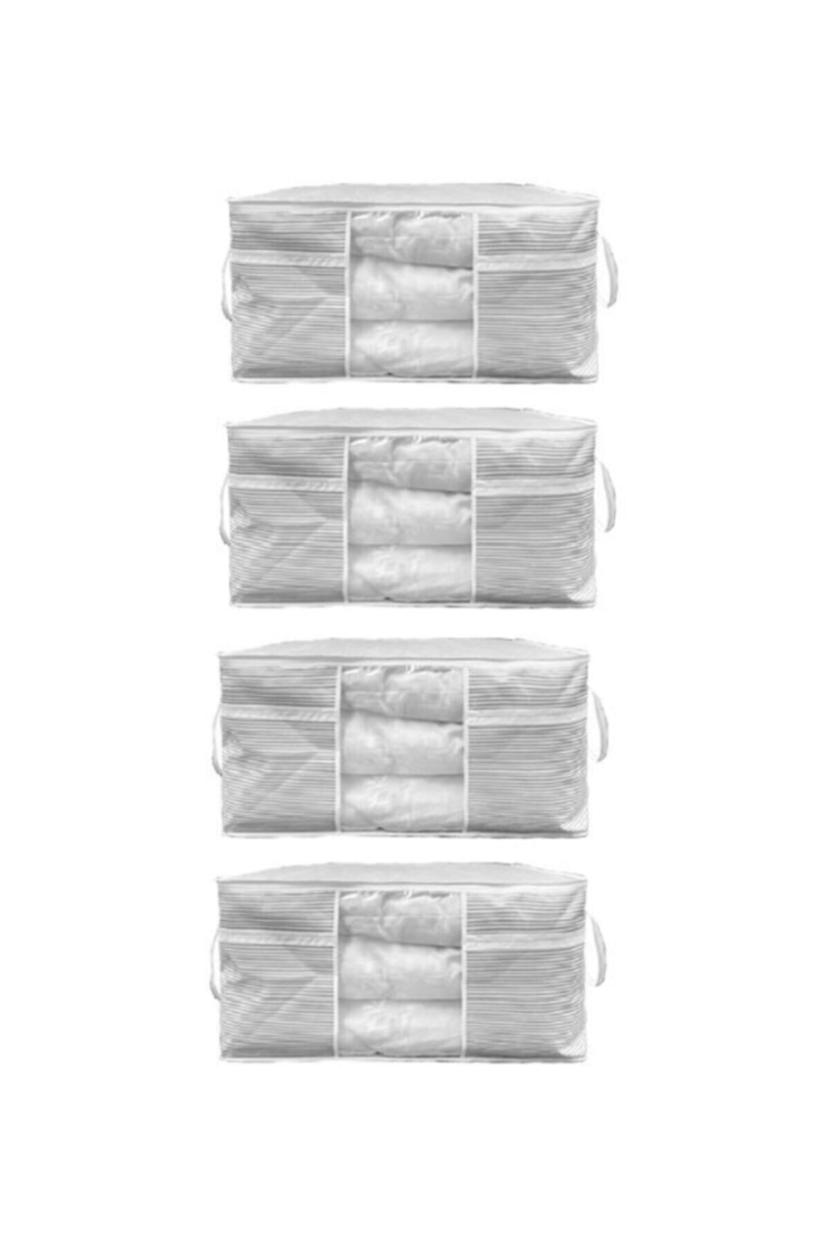 4 Adet - Sandık Tipi Hurç Maxi - Yastık&yorgan Vb. Hurcu 75x40x40 - Leke Tutmaz Çizgili Model - Beyaz 3