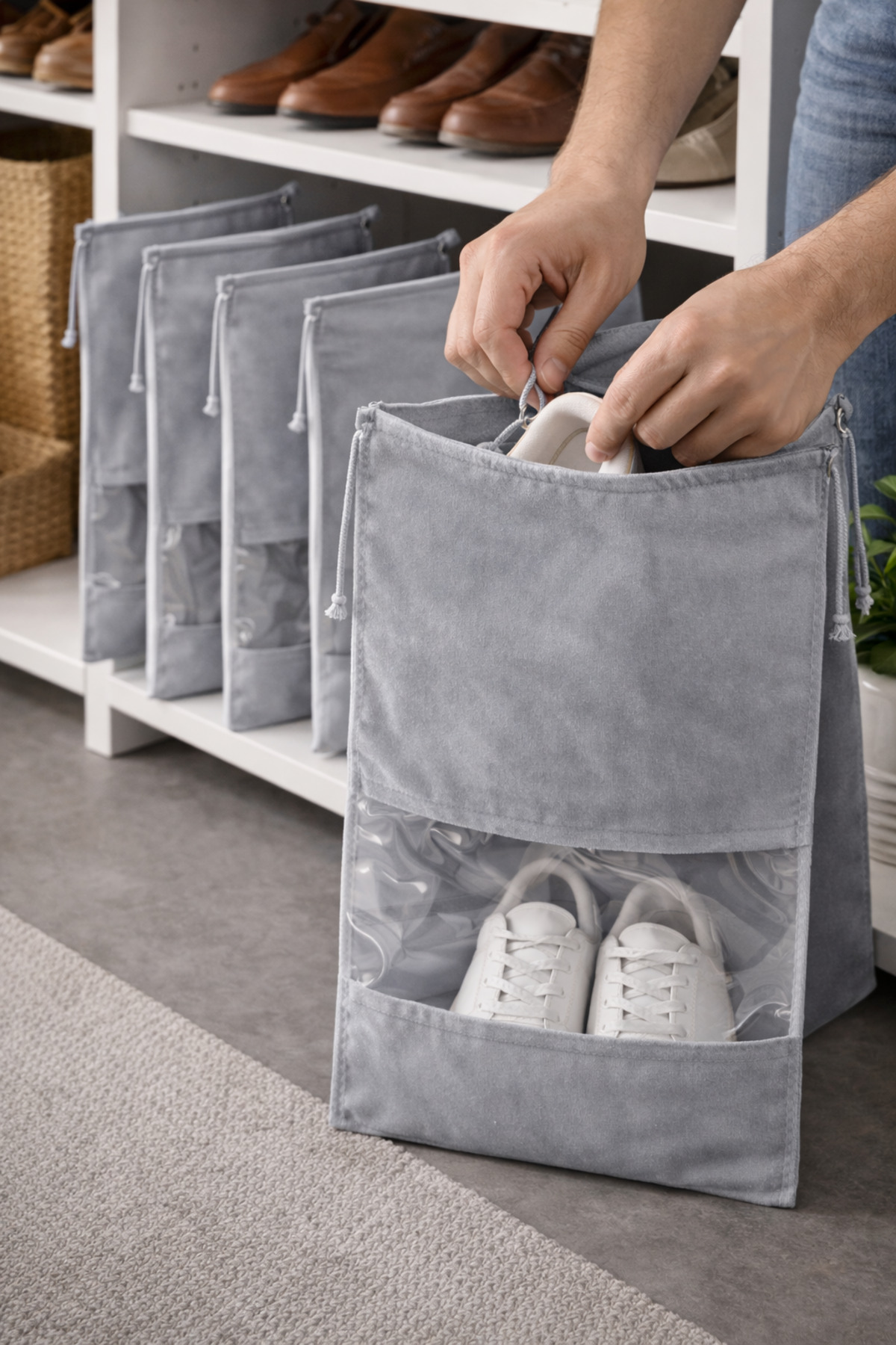 5 Adet Pencereli Ayakkabı Saklama Valiz Düzenleyici Organizer Gri 4
