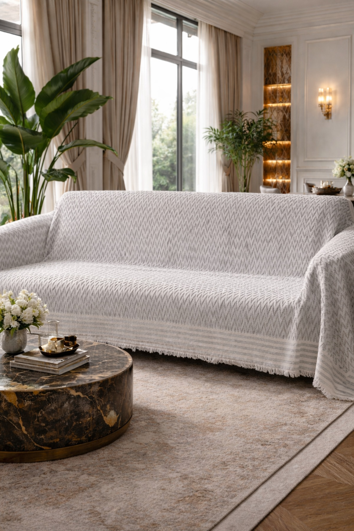Trio Çizgili Koltuk Kılıfı Dekoratif Koltuk Örtüsü 170 x 210 Gri 4
