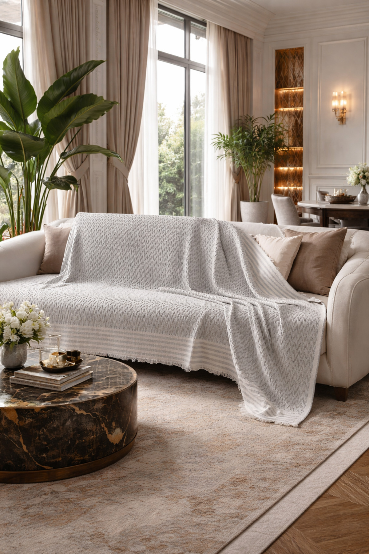Trio Çizgili Koltuk Kılıfı Dekoratif Koltuk Örtüsü 170 x 210 Gri 5