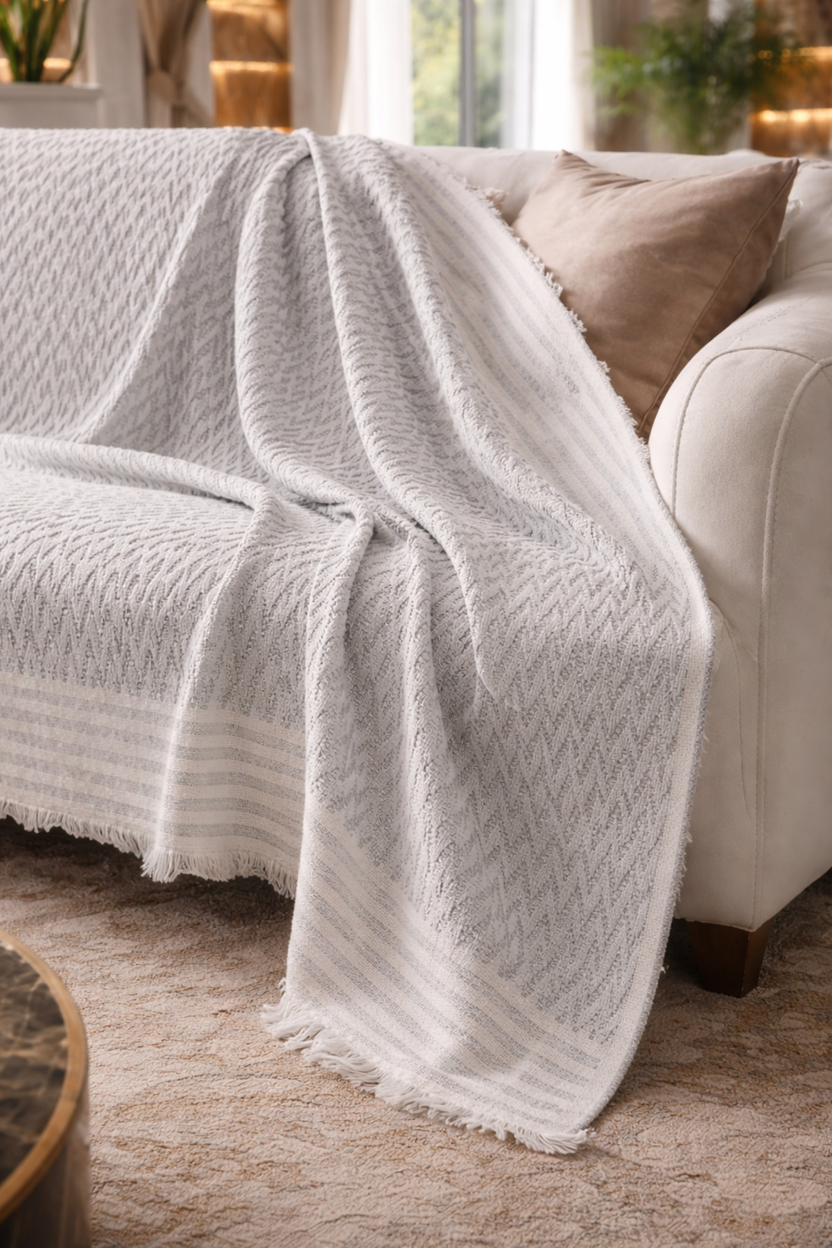 Trio Çizgili Koltuk Kılıfı Dekoratif Koltuk Örtüsü 170 x 210 Gri 3