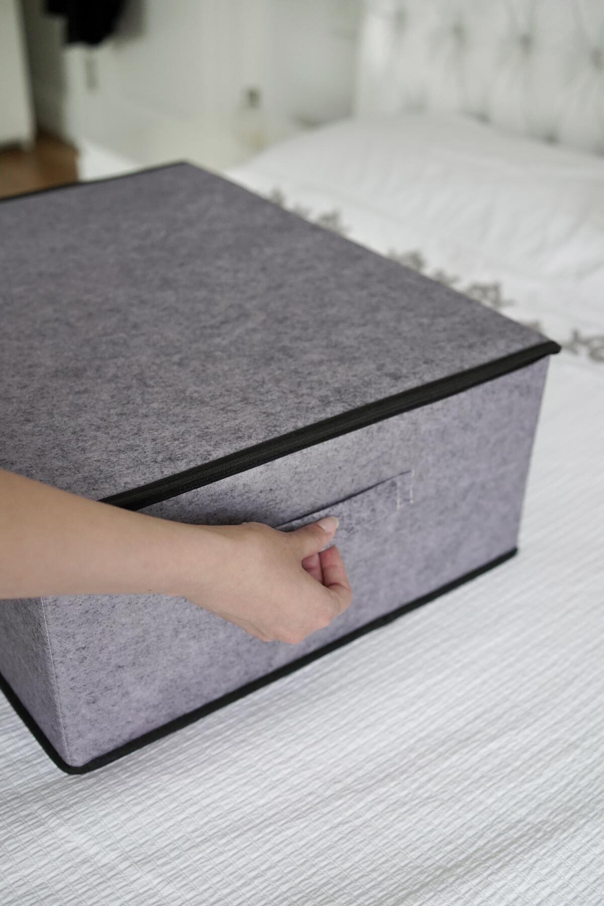 3 Adet Baza Altı Keçe Kapaklı Organizer Kutu Hurç 50x40x19 GRİ 4
