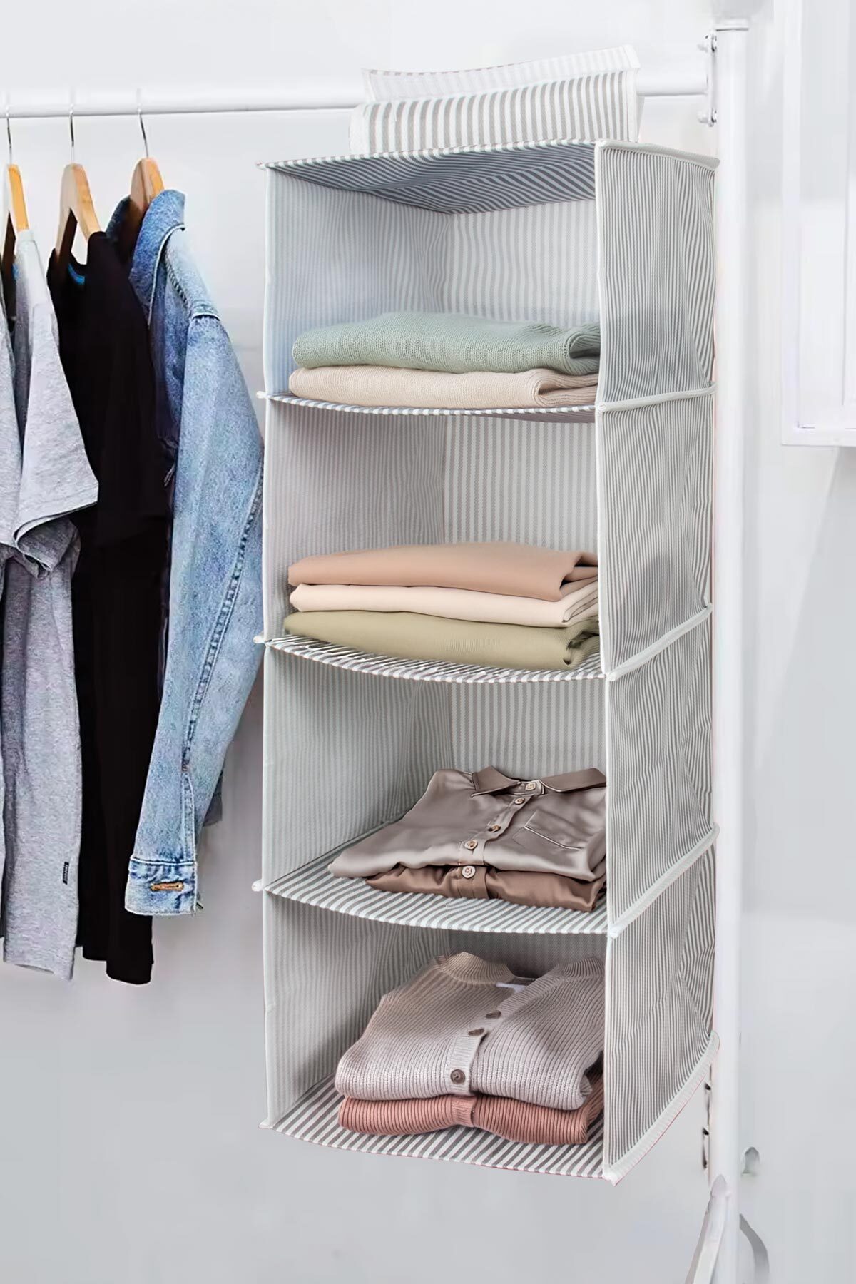 4 Raflı Asmalı Katlanabilir Dolap İçi Düzenleyici Organizer GRİ 7