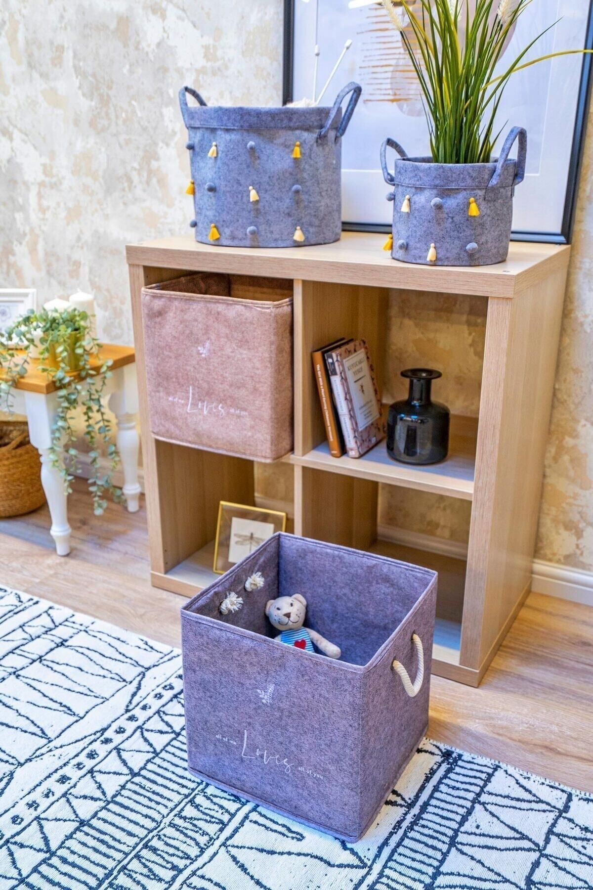 Keçe Raf Düzenleyici Sepet Katlanabilir Saklama Kutusu Baskılı Çok Amaçlı Kutu 30*30*30 Gri 4