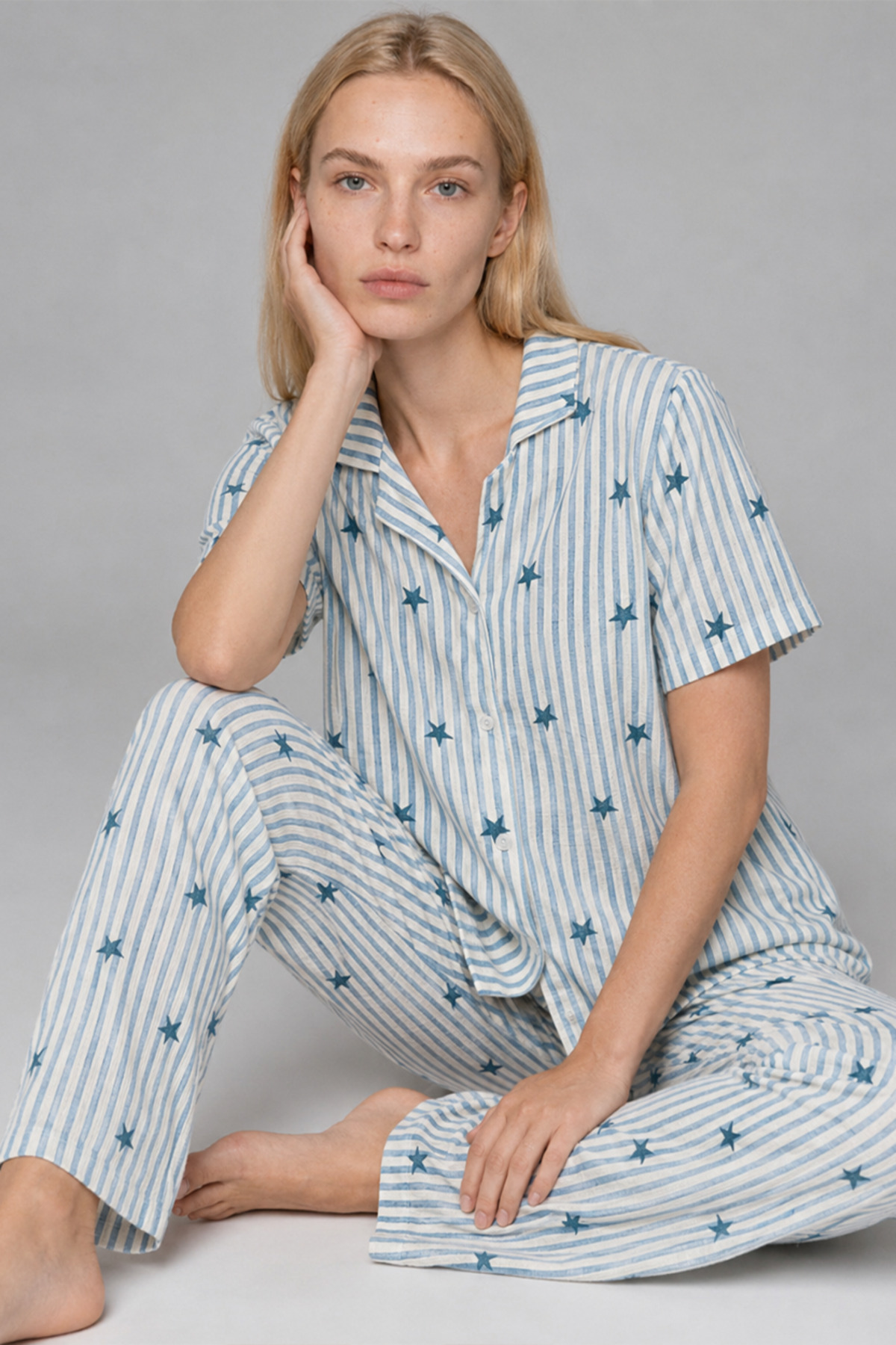 Kadın Kısa Kollu Rahat Mavi Pijama Takımı 4728 3