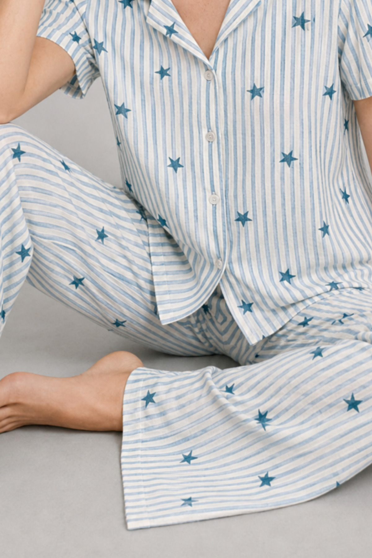 Kadın Kısa Kollu Rahat Mavi Pijama Takımı 4728 5
