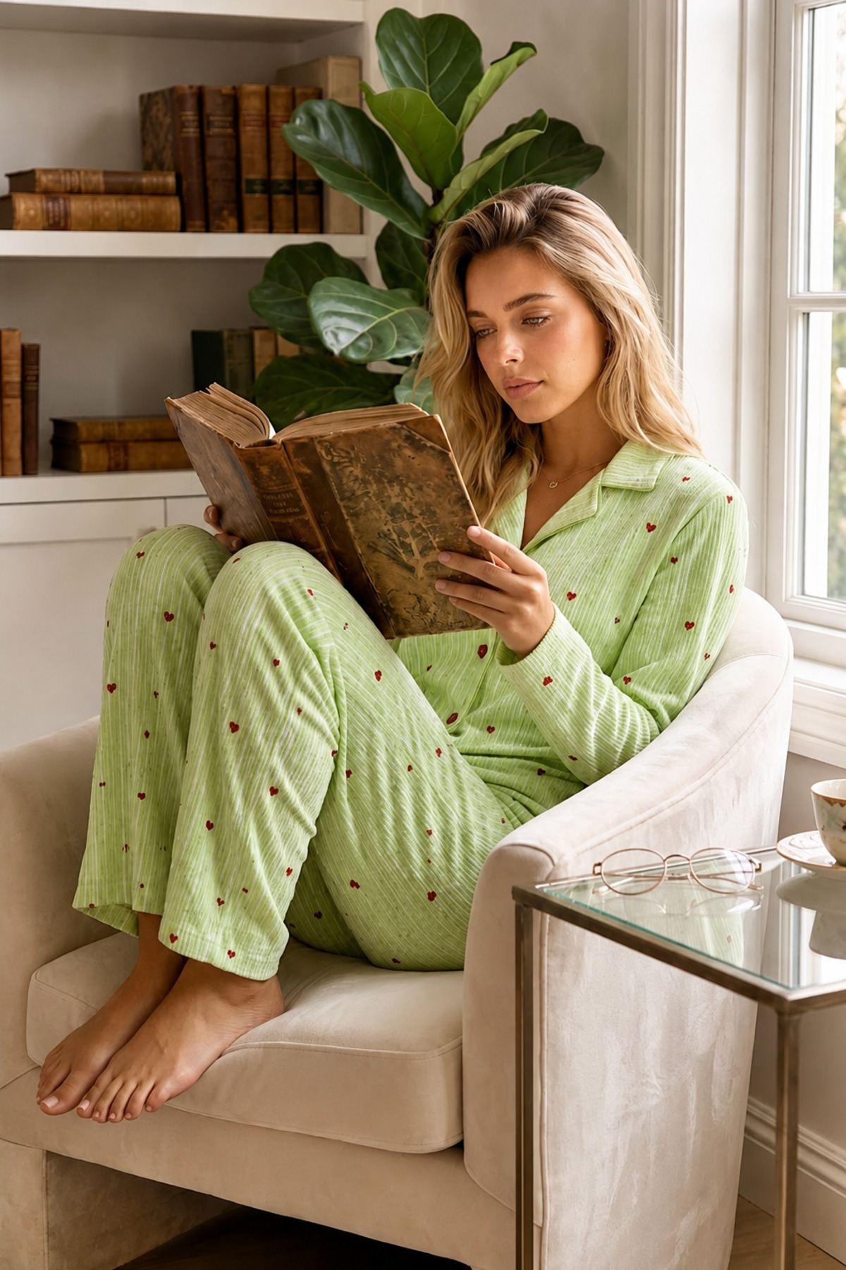 Kadın Puantiyeli Uzun Kollu Düğmeli Yeşil Pijama Takımı 5
