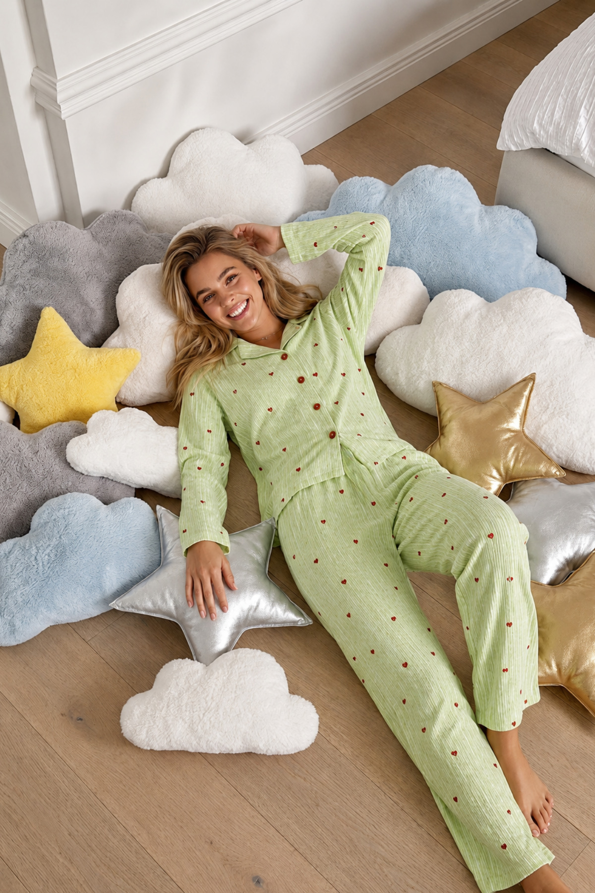 Kadın Puantiyeli Uzun Kollu Düğmeli Yeşil Pijama Takımı 6