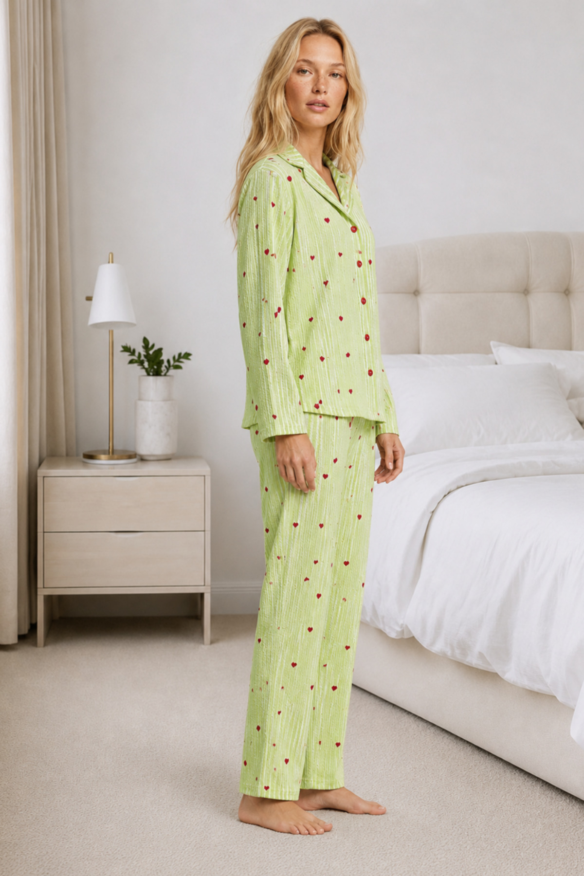 Kadın Ev Giyimi Rahat Yeşil Pijama Takımı 4660 5