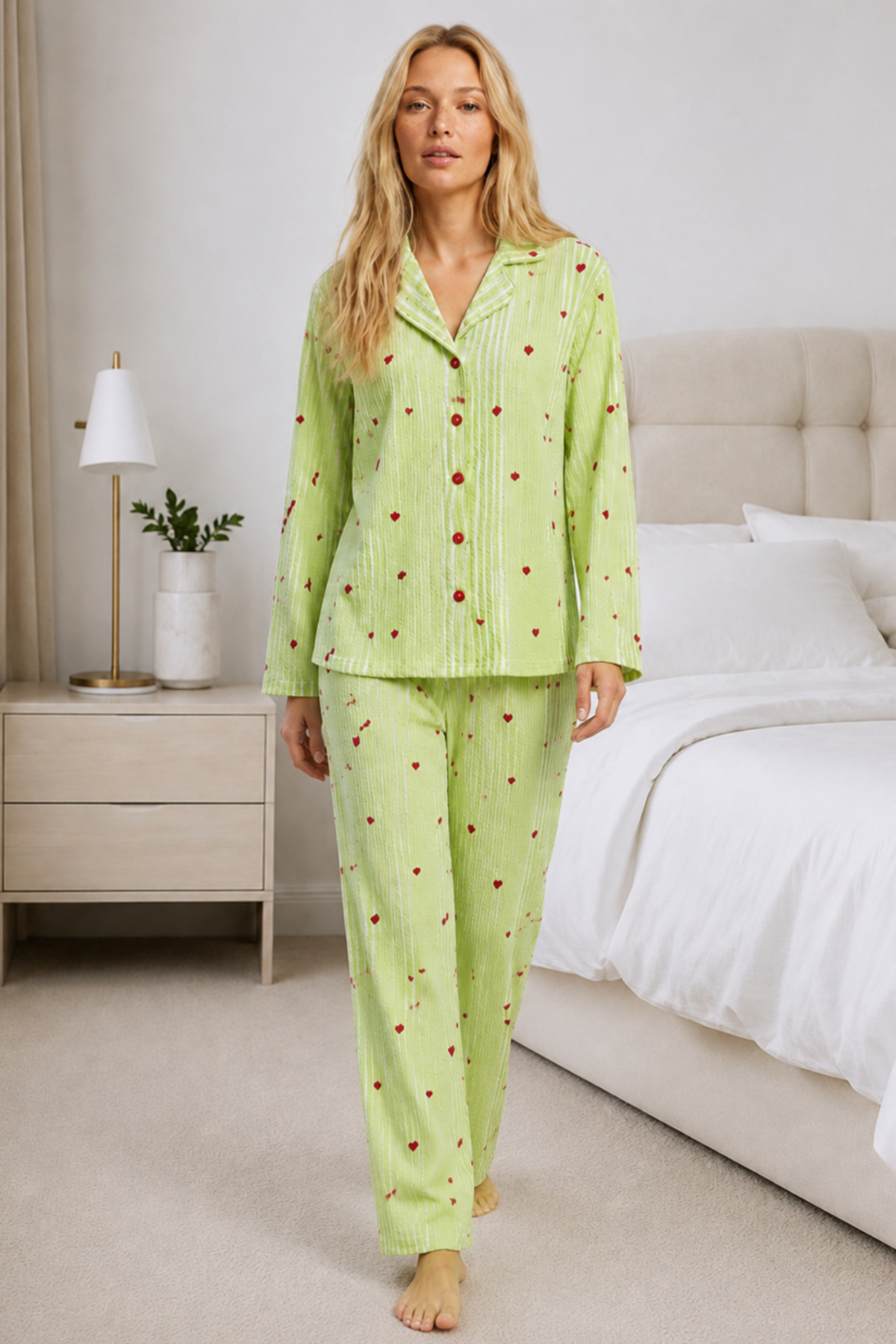 Kadın Ev Giyimi Rahat Yeşil Pijama Takımı 4660 4