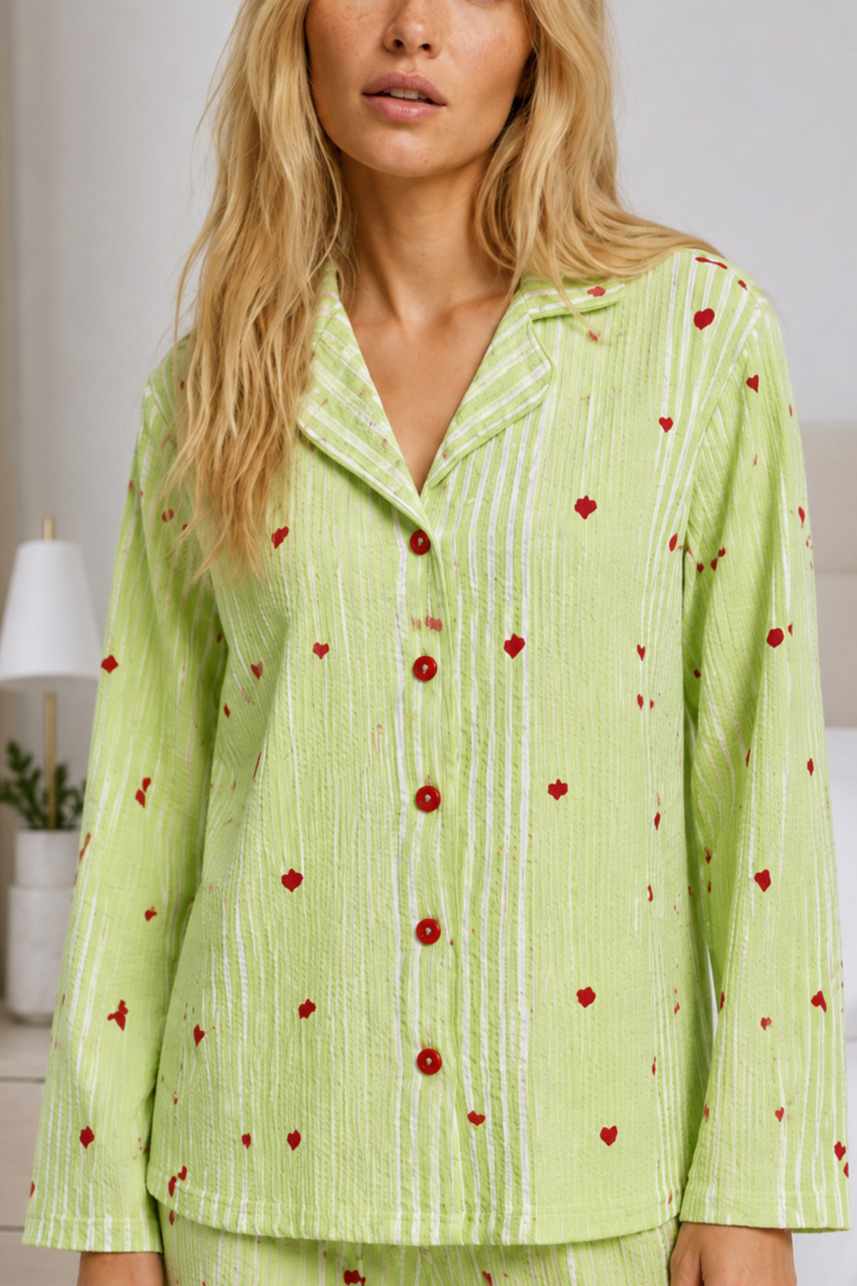 Kadın Ev Giyimi Rahat Yeşil Pijama Takımı 4660 6