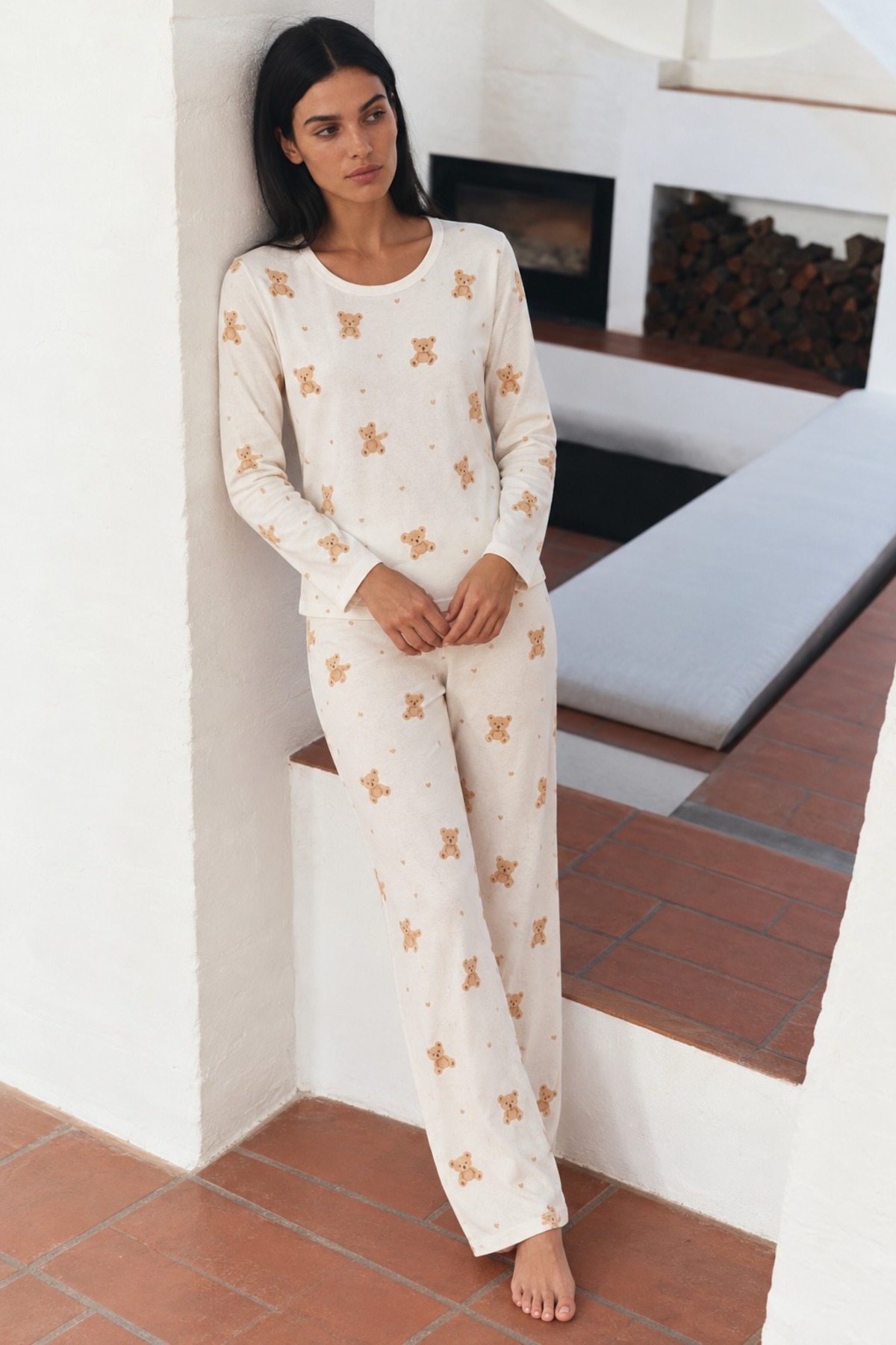 Kadın Şık Esnek Ekru Pijama Takımı 3