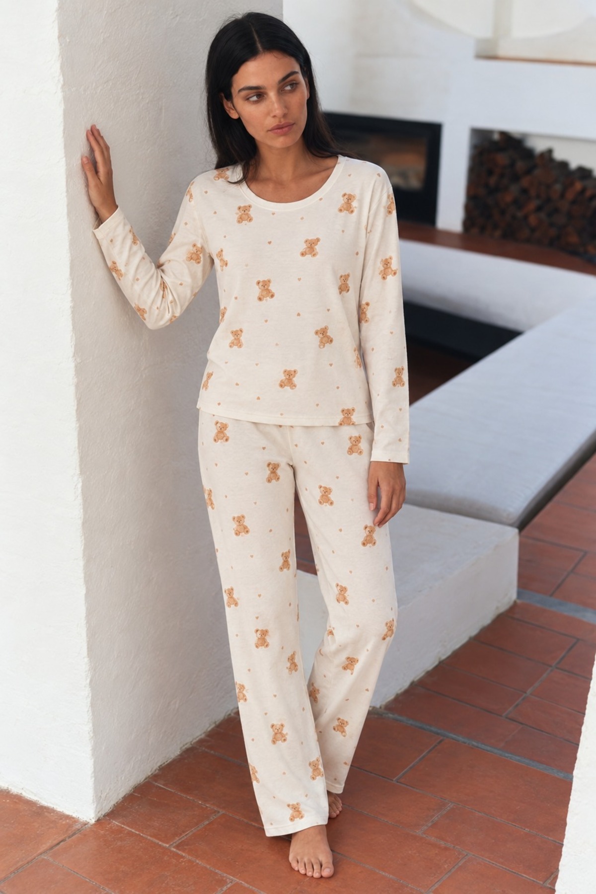 Kadın Şık Esnek Ekru Pijama Takımı 4