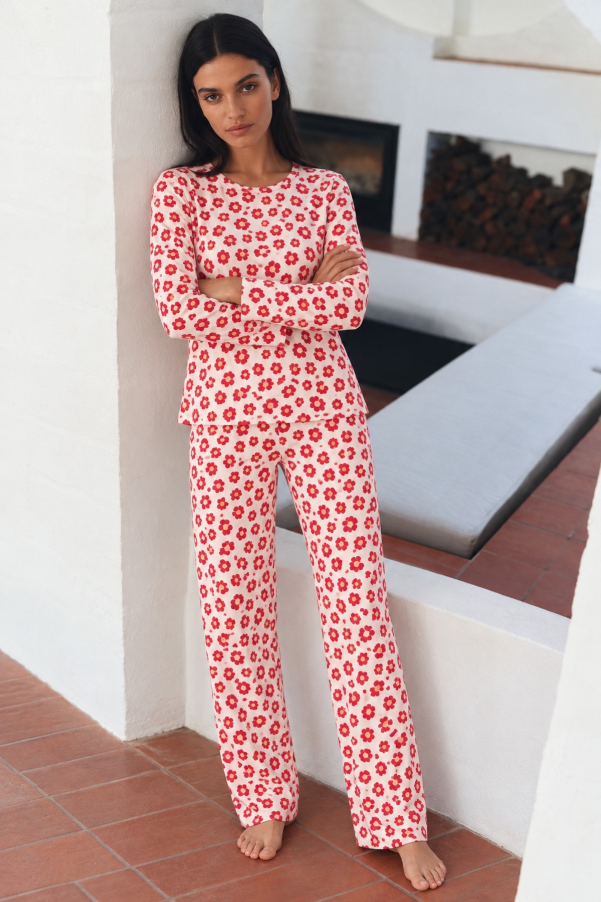 Kadın Şık Esnek Kırmızı Pijama Takımı 5