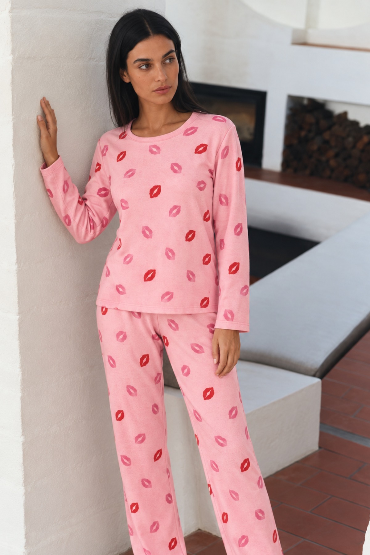 Kadın Şık Esnek Pembe Pijama Takımı 4