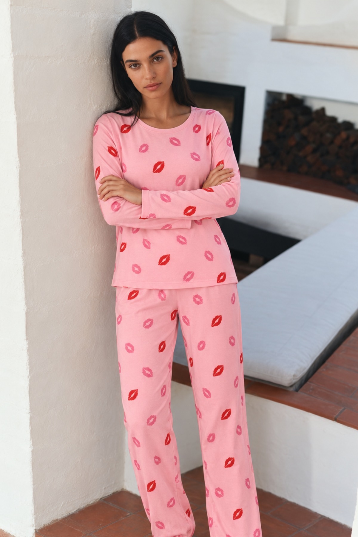 Kadın Şık Esnek Pembe Pijama Takımı 5
