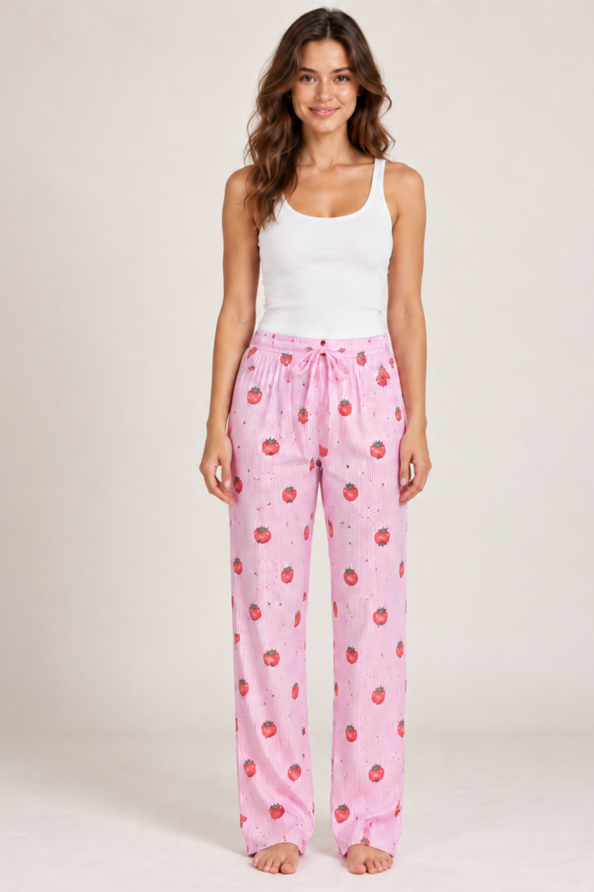 Kadın Çizgili Bluz Desenli Askılı Beyaz Pijama Takımı 6