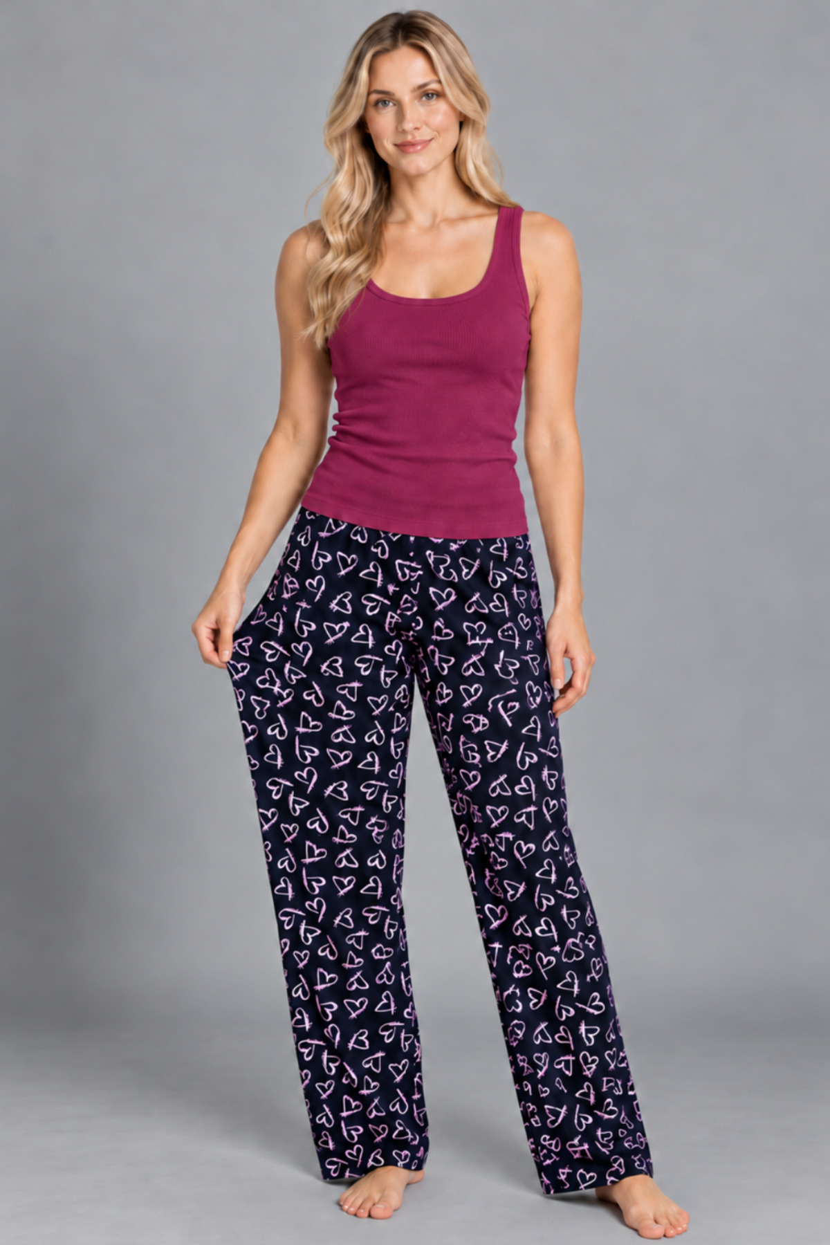 Kadın Çizgili Bluz Desenli Askılı Bordo Pijama Takımı 4