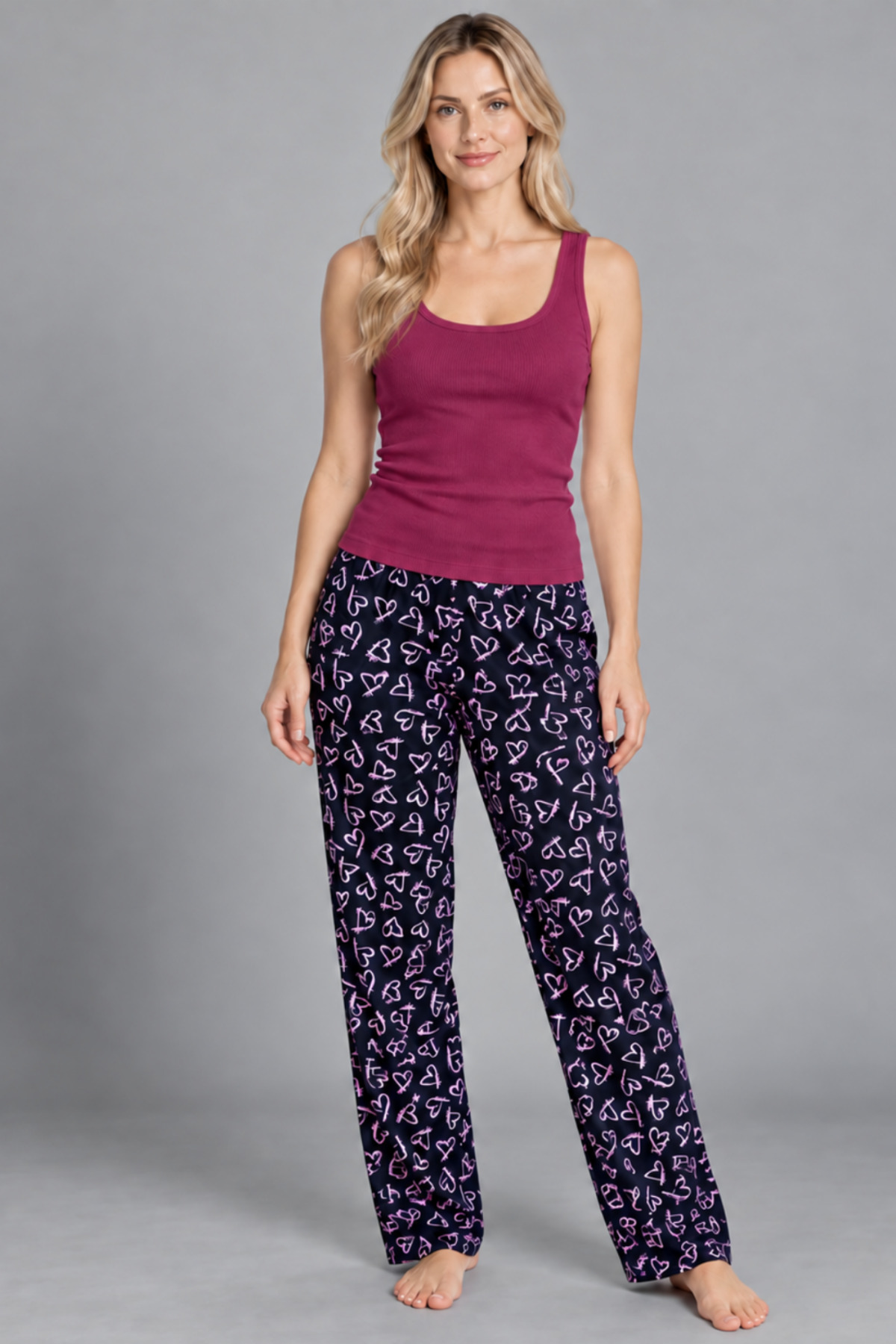 Kadın Çizgili Bluz Desenli Askılı Bordo Pijama Takımı 6